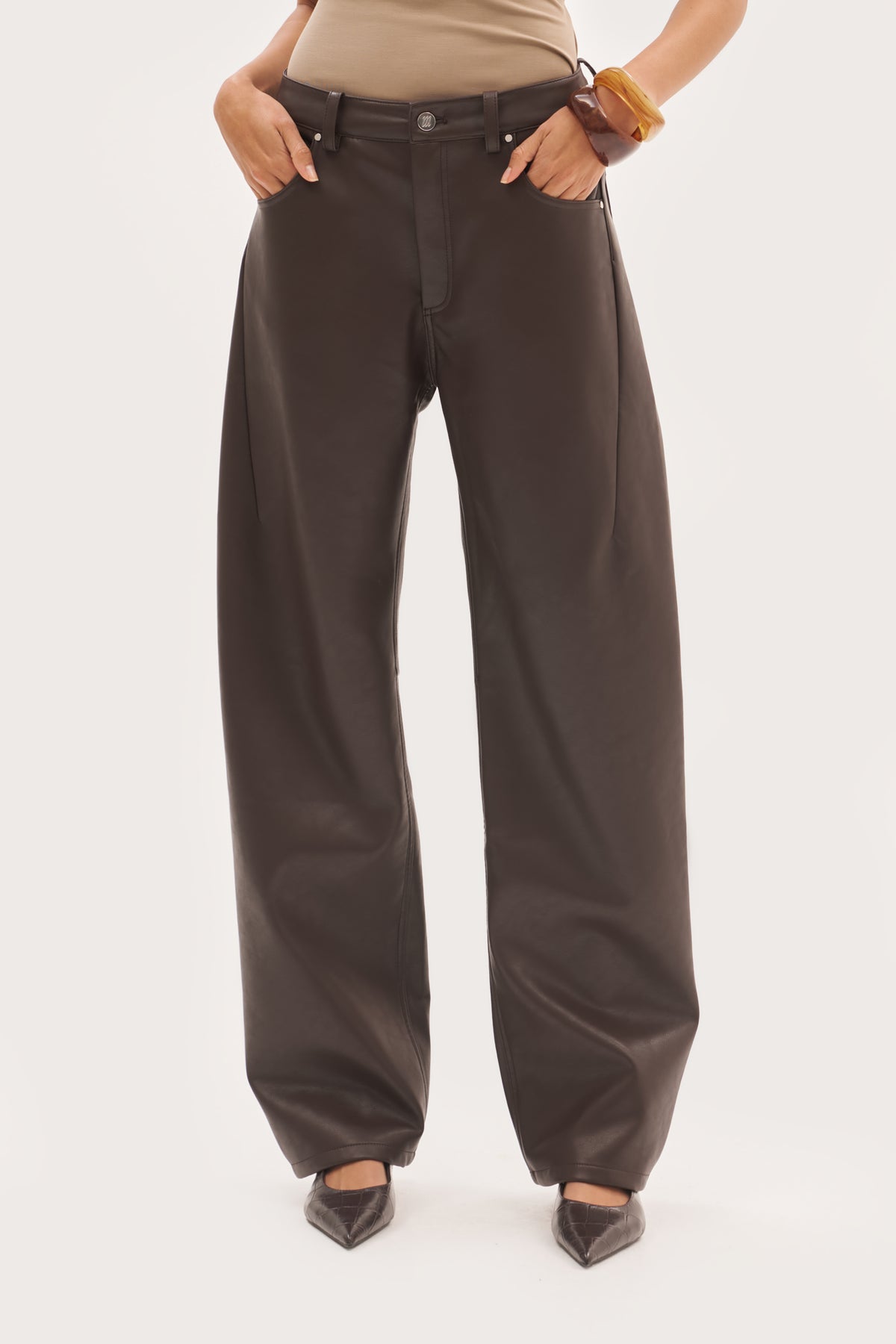 Barrel Leather-Effect Trousers - Brown