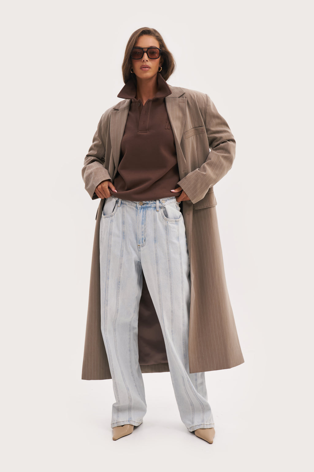 Pinstripe Longline Blazer Coat - Taupe
