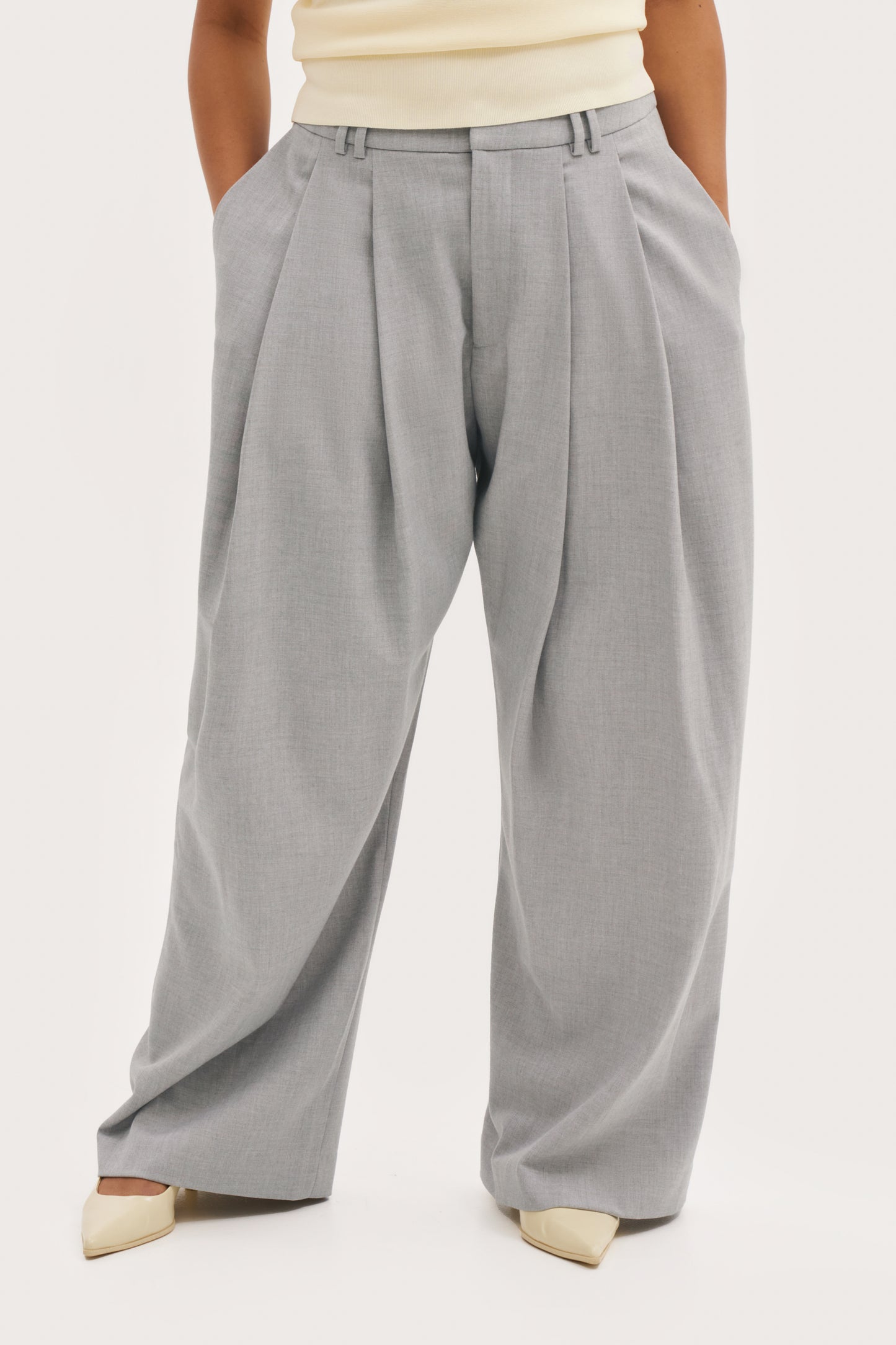Pleated Wide Leg Trousers - Light Grey