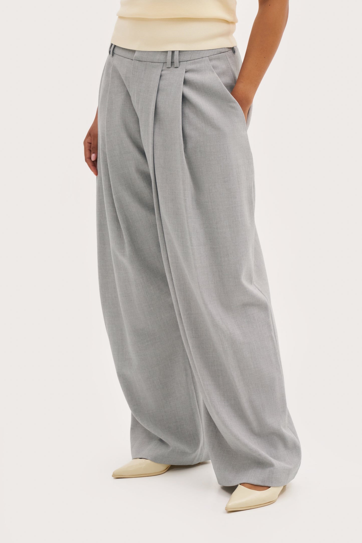 Pleated Wide Leg Trousers - Light Grey