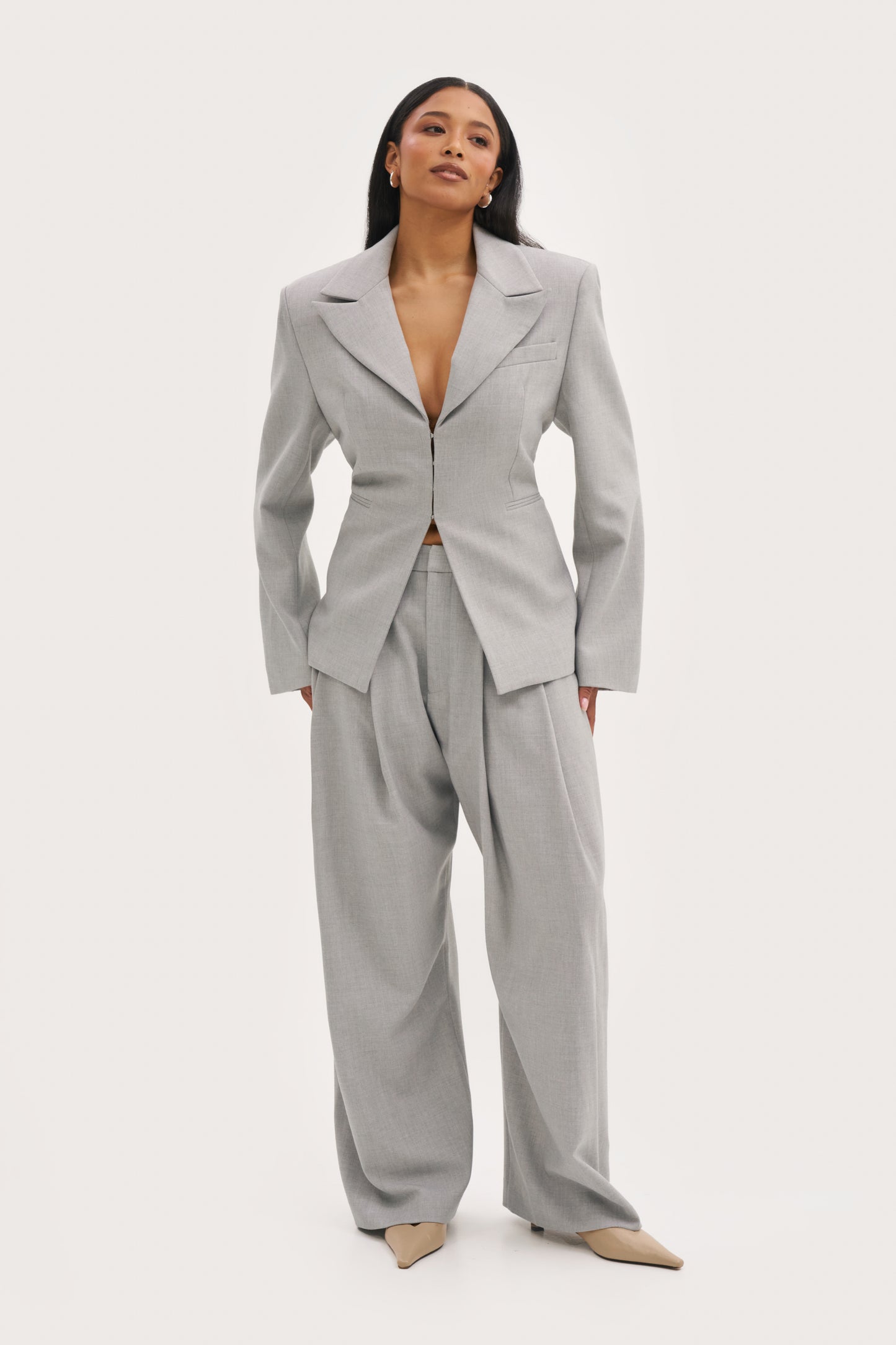 Pleated Wide Leg Trousers - Light Grey