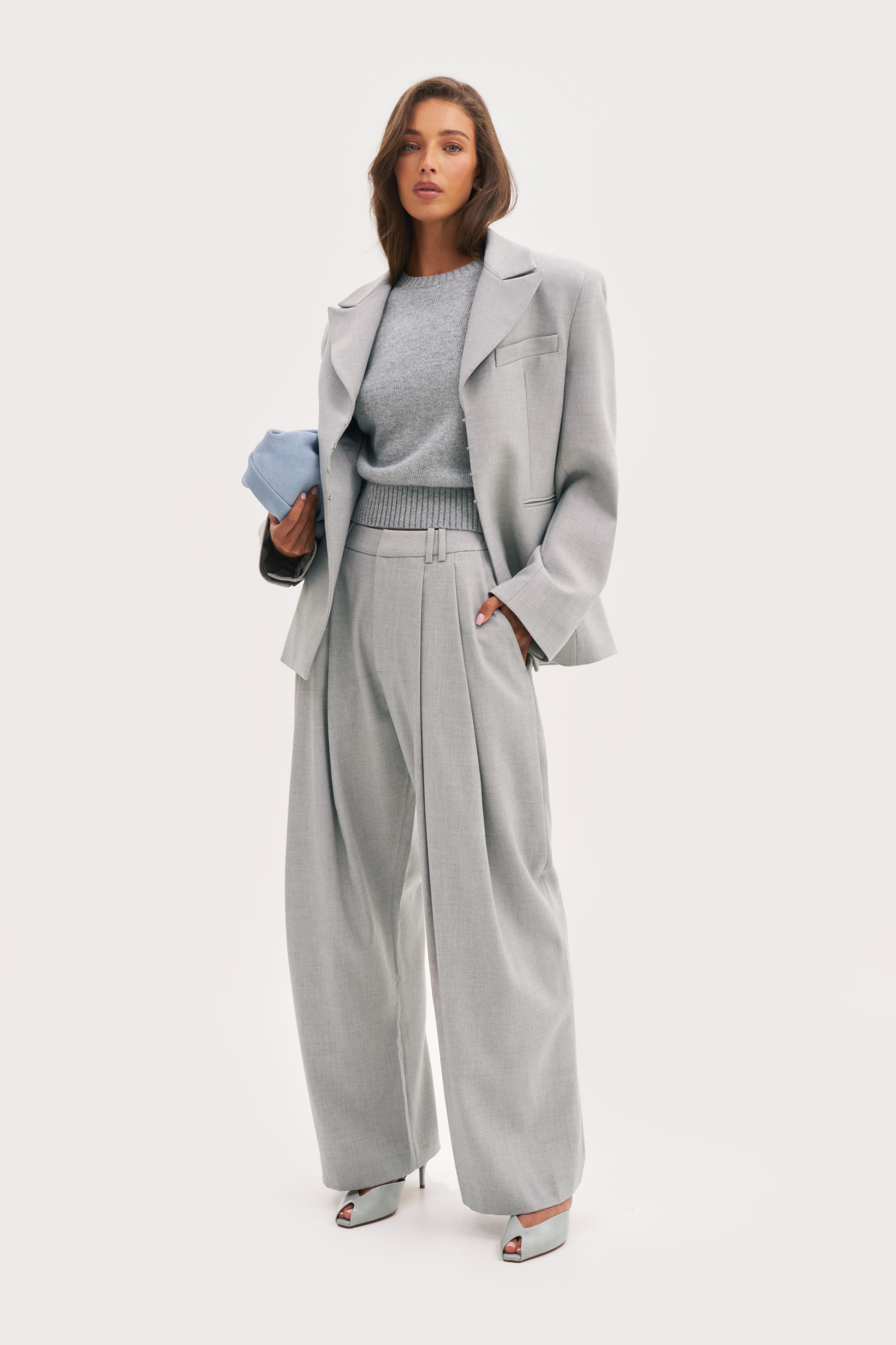 Pleated Wide Leg Trousers - Light Grey