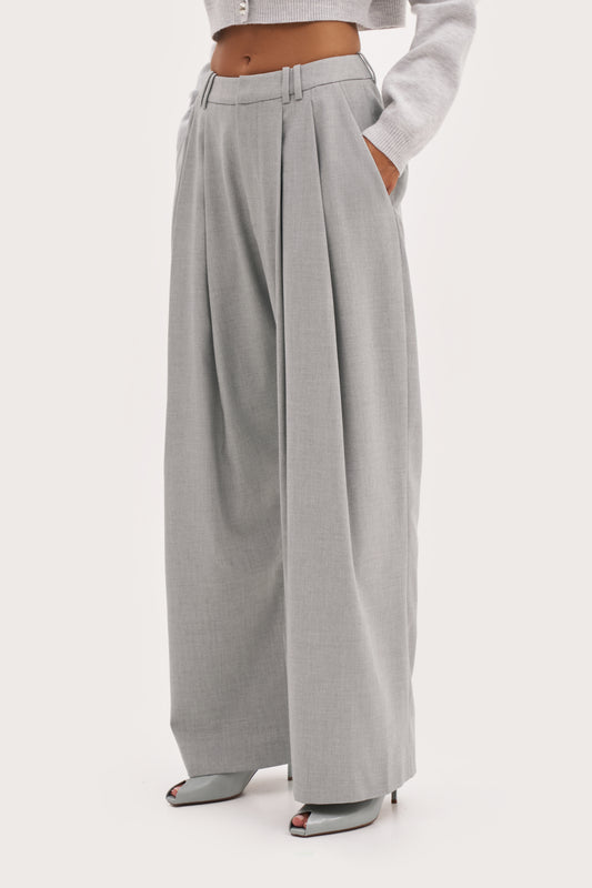 Pleated Wide Leg Trousers - Light Grey