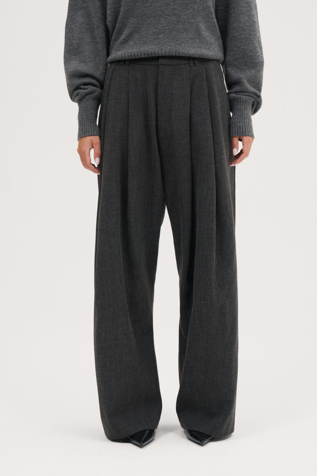 Pleated Wide Leg Trousers - Dark Grey