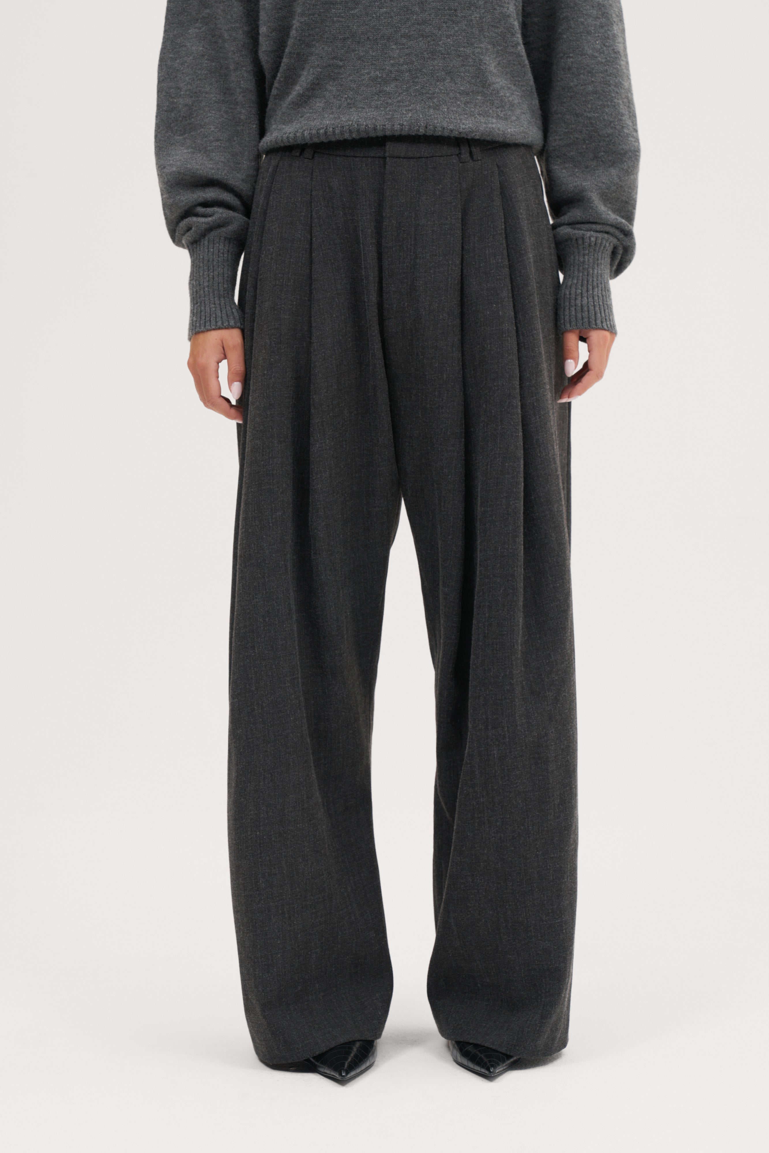 Pleated Wide Leg Trousers - Dark Grey