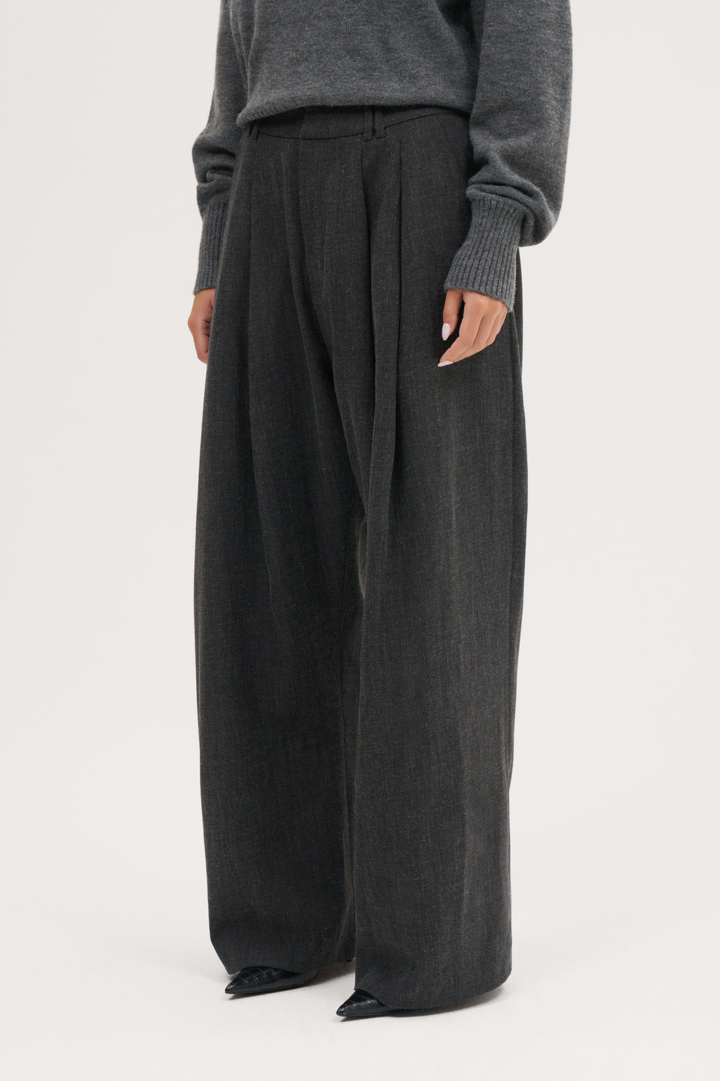 Pleated Wide Leg Trousers - Dark Grey