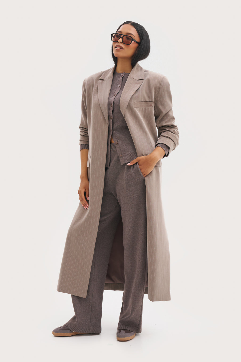 Pinstripe Longline Blazer Coat - Taupe