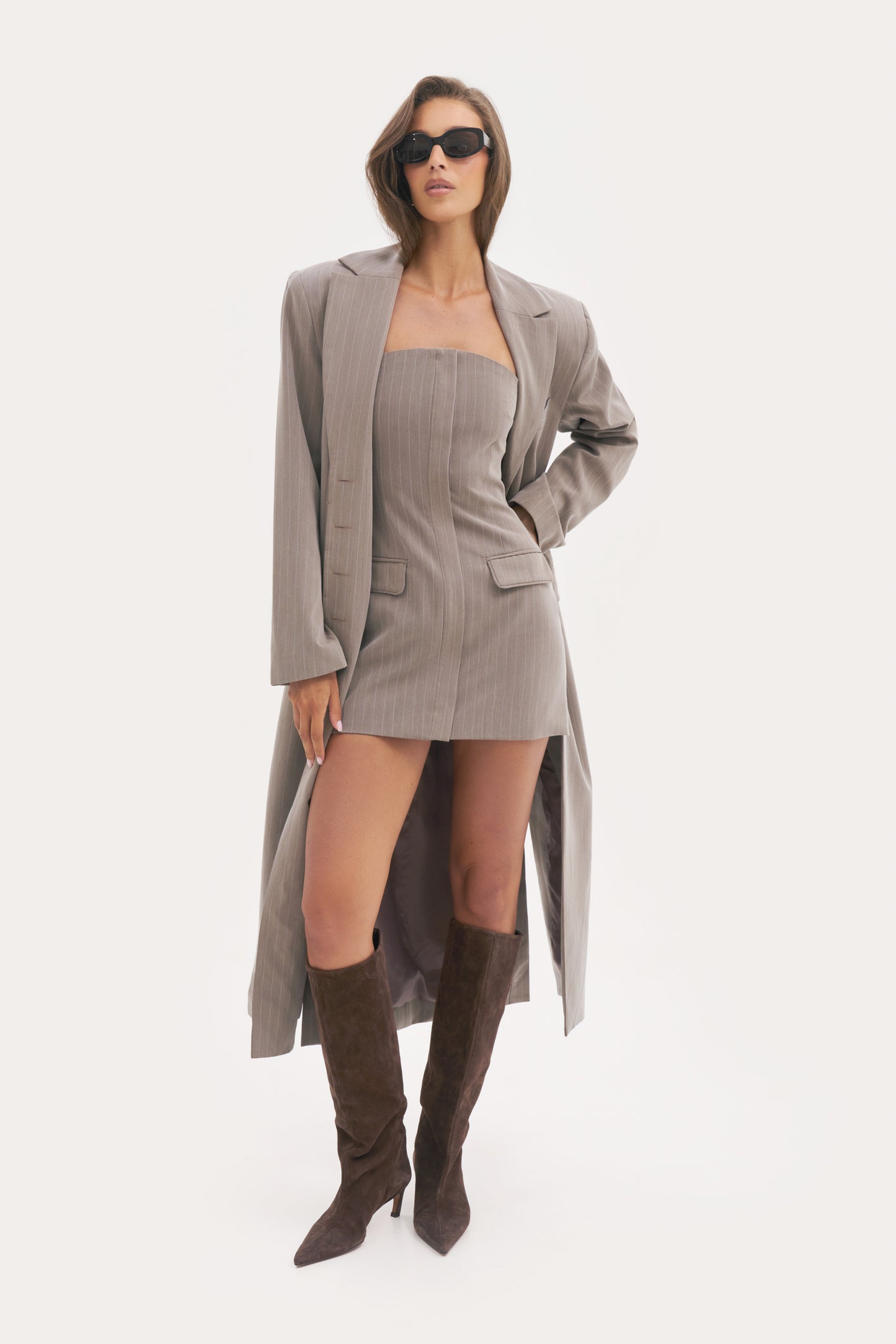 Pinstripe Bandeau Dress - Taupe