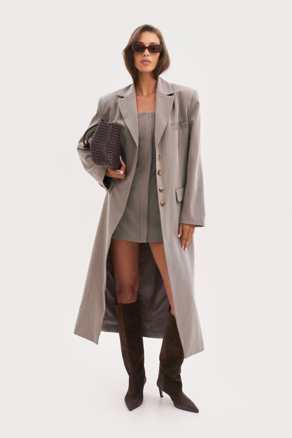 Pinstripe Longline Blazer Coat - Taupe