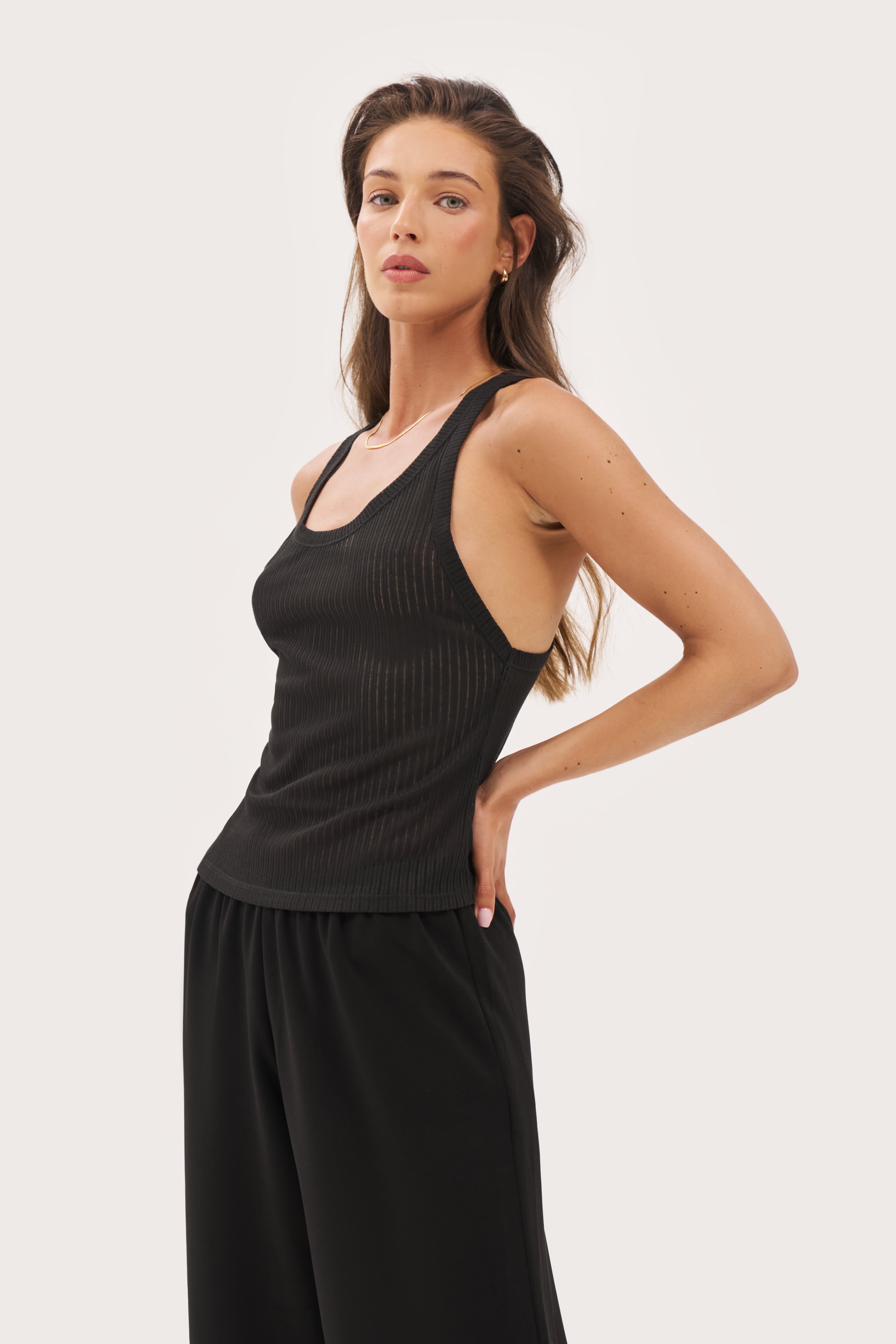 Semi Sheer Y Back Vest - Black