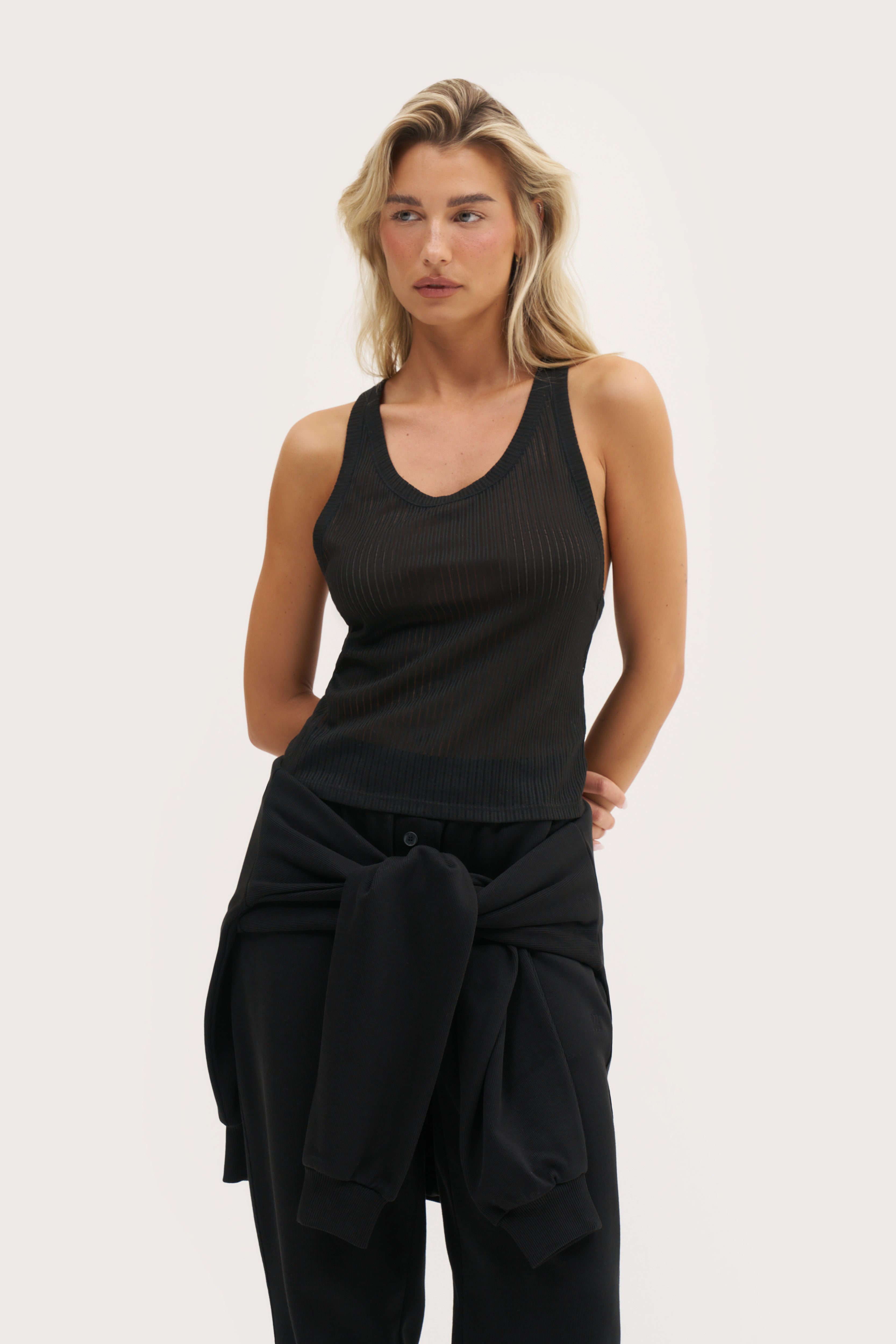 Semi Sheer Y Back Vest - Black