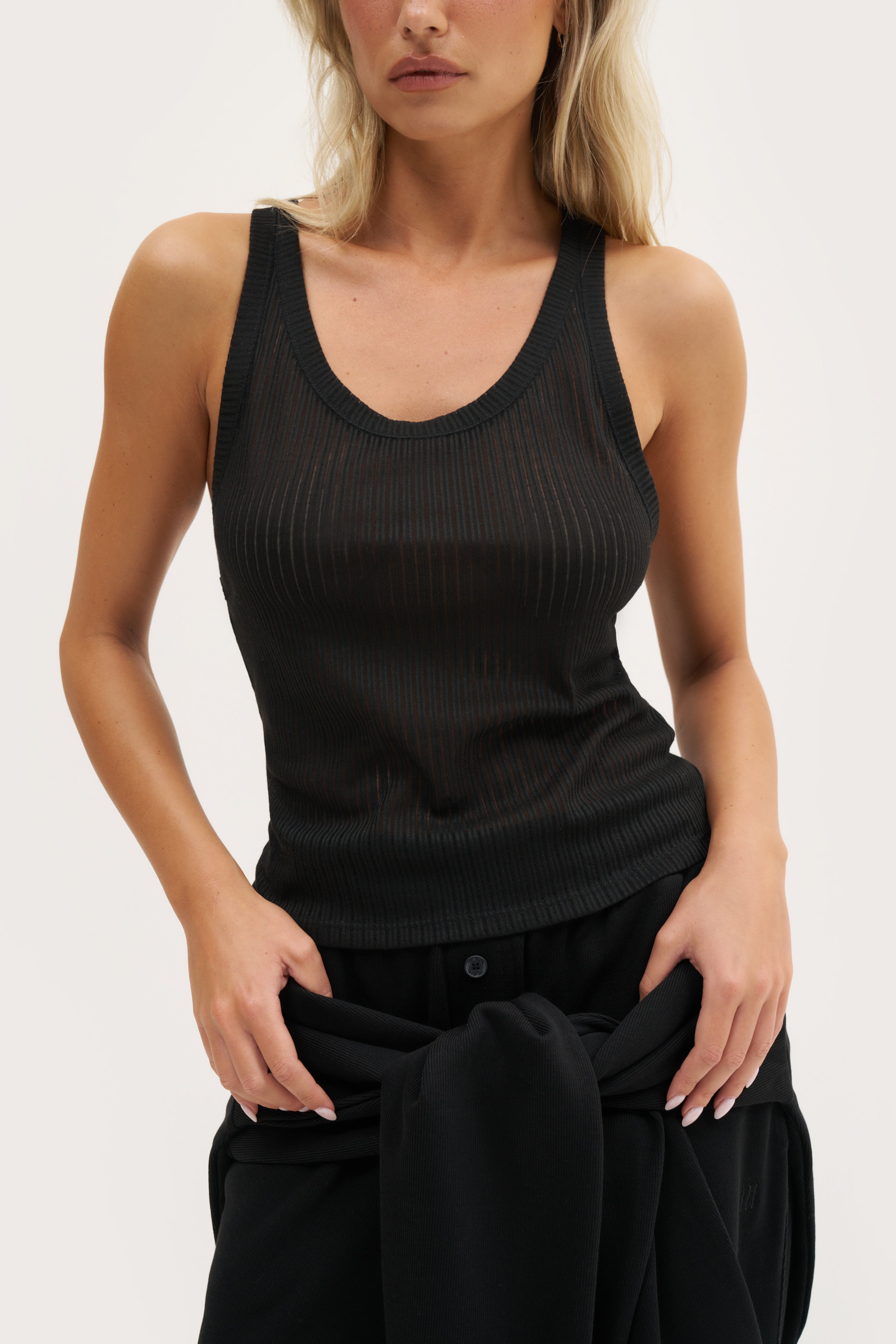 Semi Sheer Y Back Vest - Black