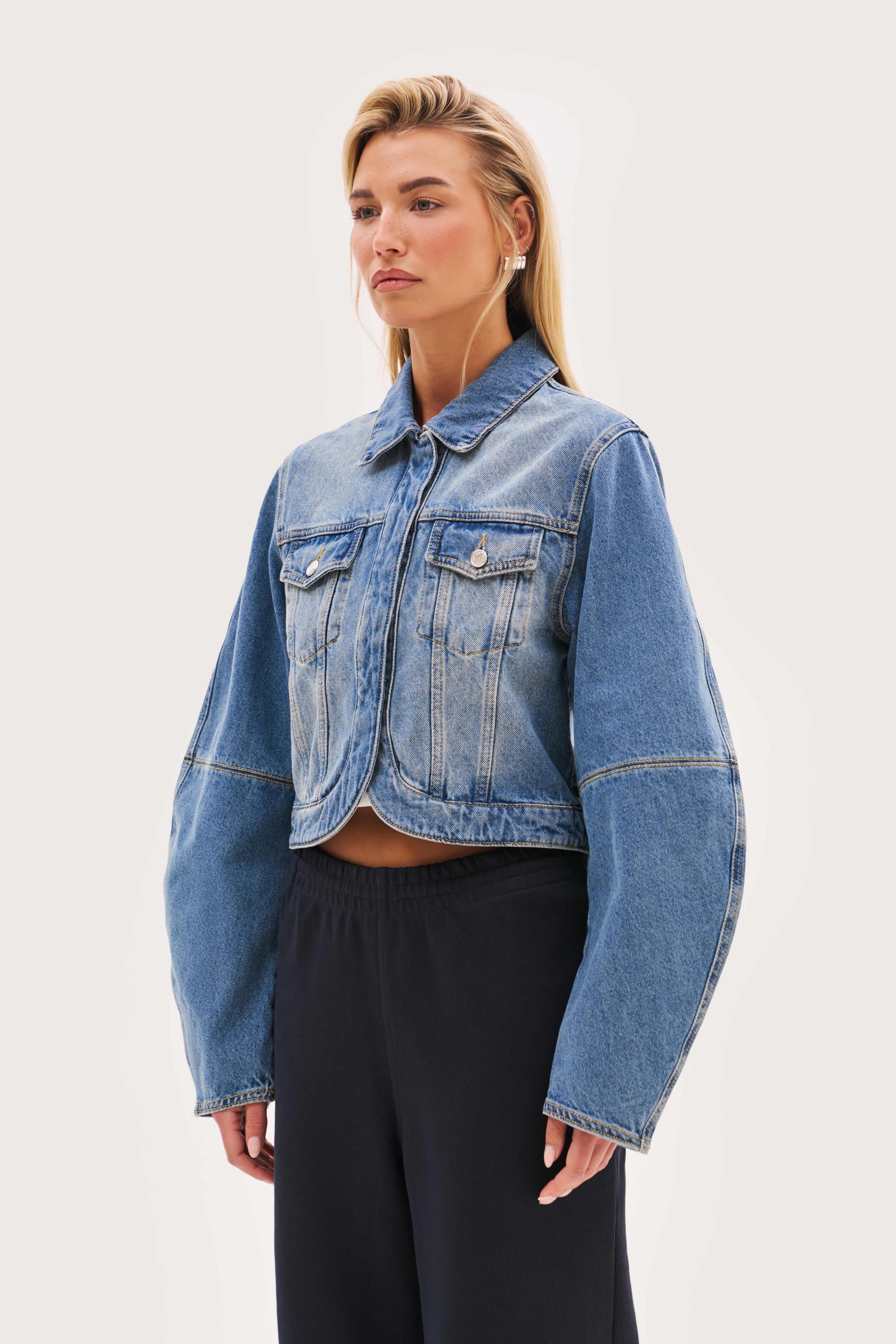 Barrel Sleeve Denim Jacket - Mid Blue