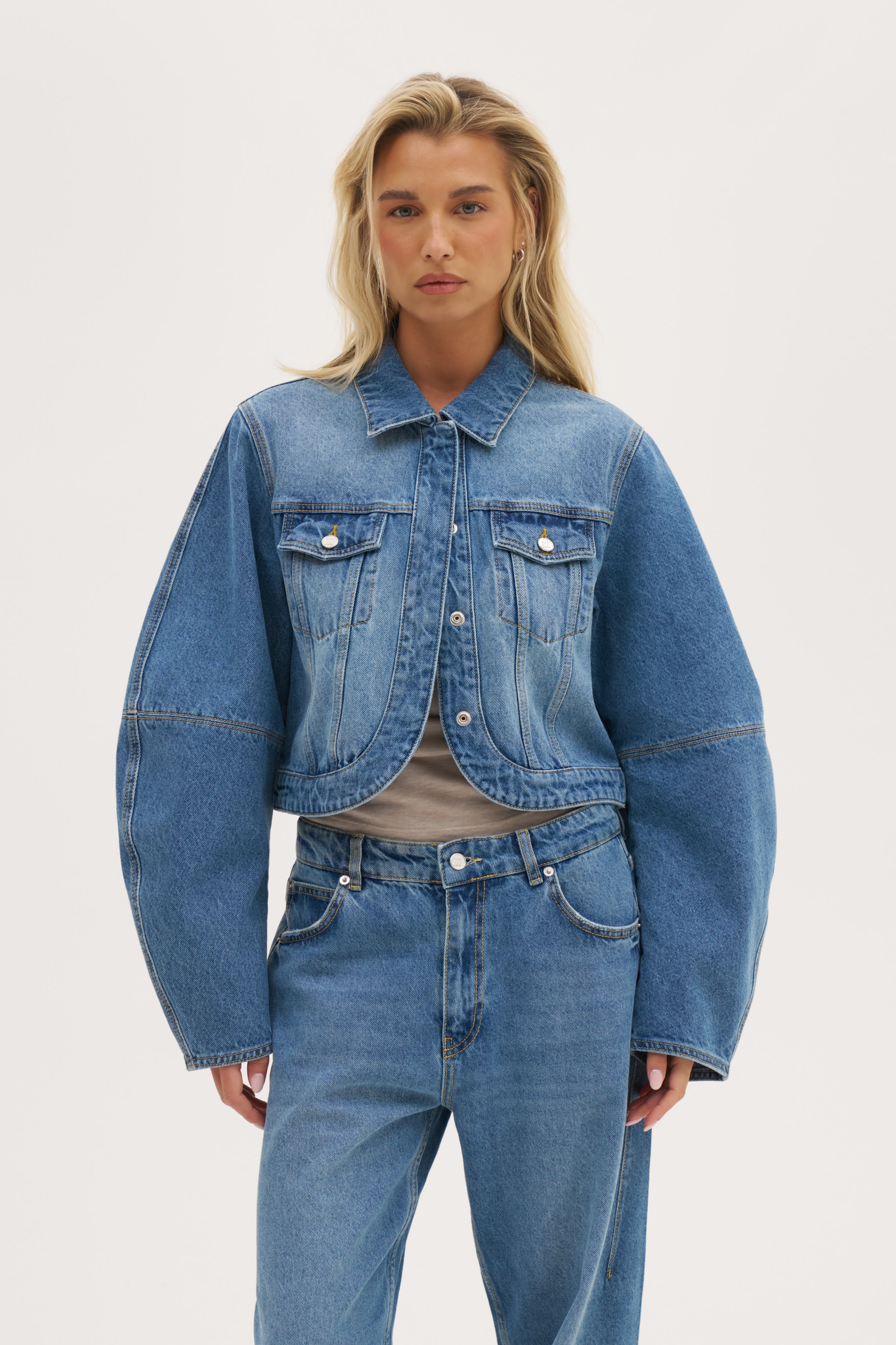 Barrel Sleeve Denim Jacket - Mid Blue
