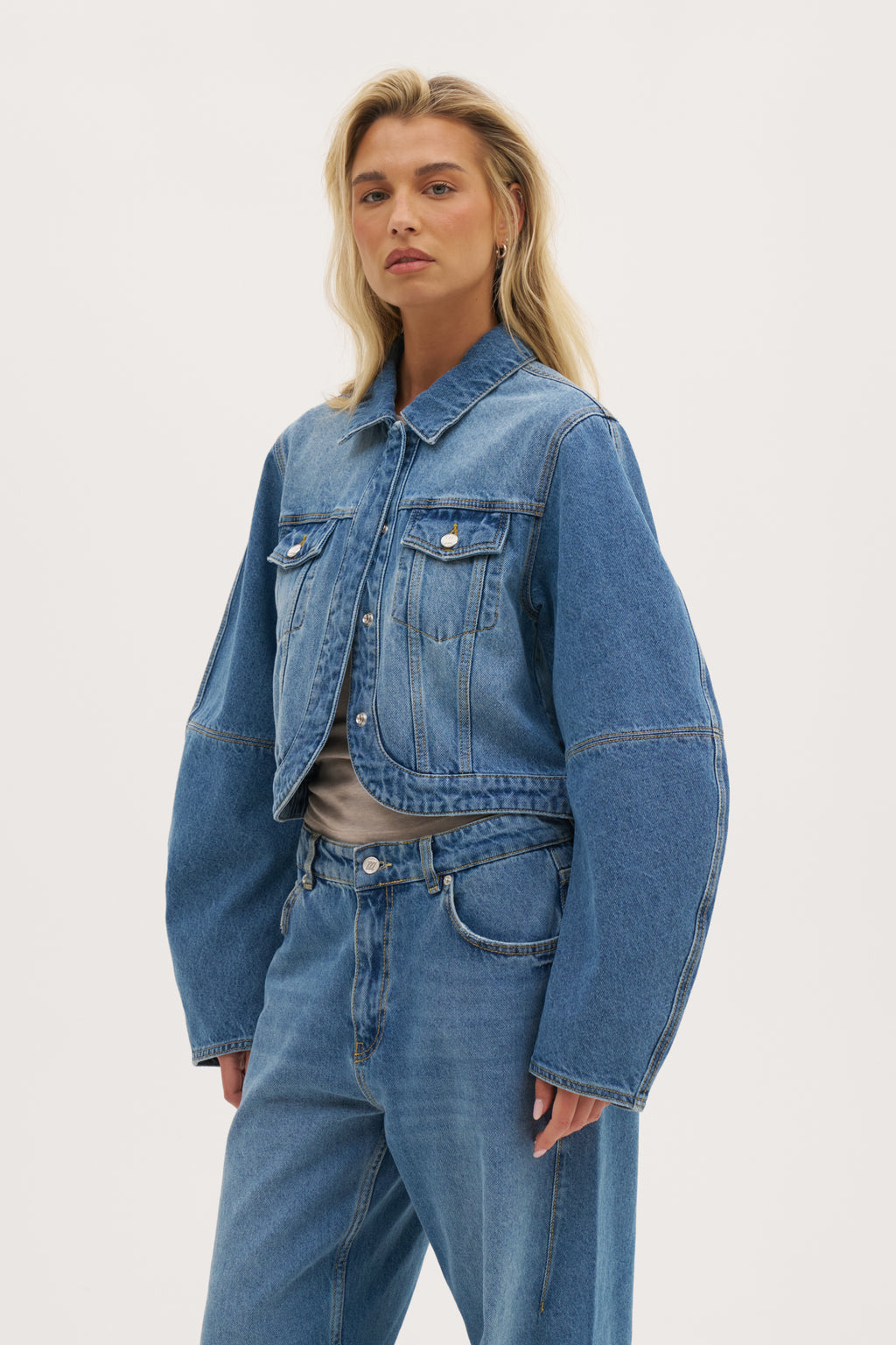 Barrel Sleeve Denim Jacket - Mid Blue