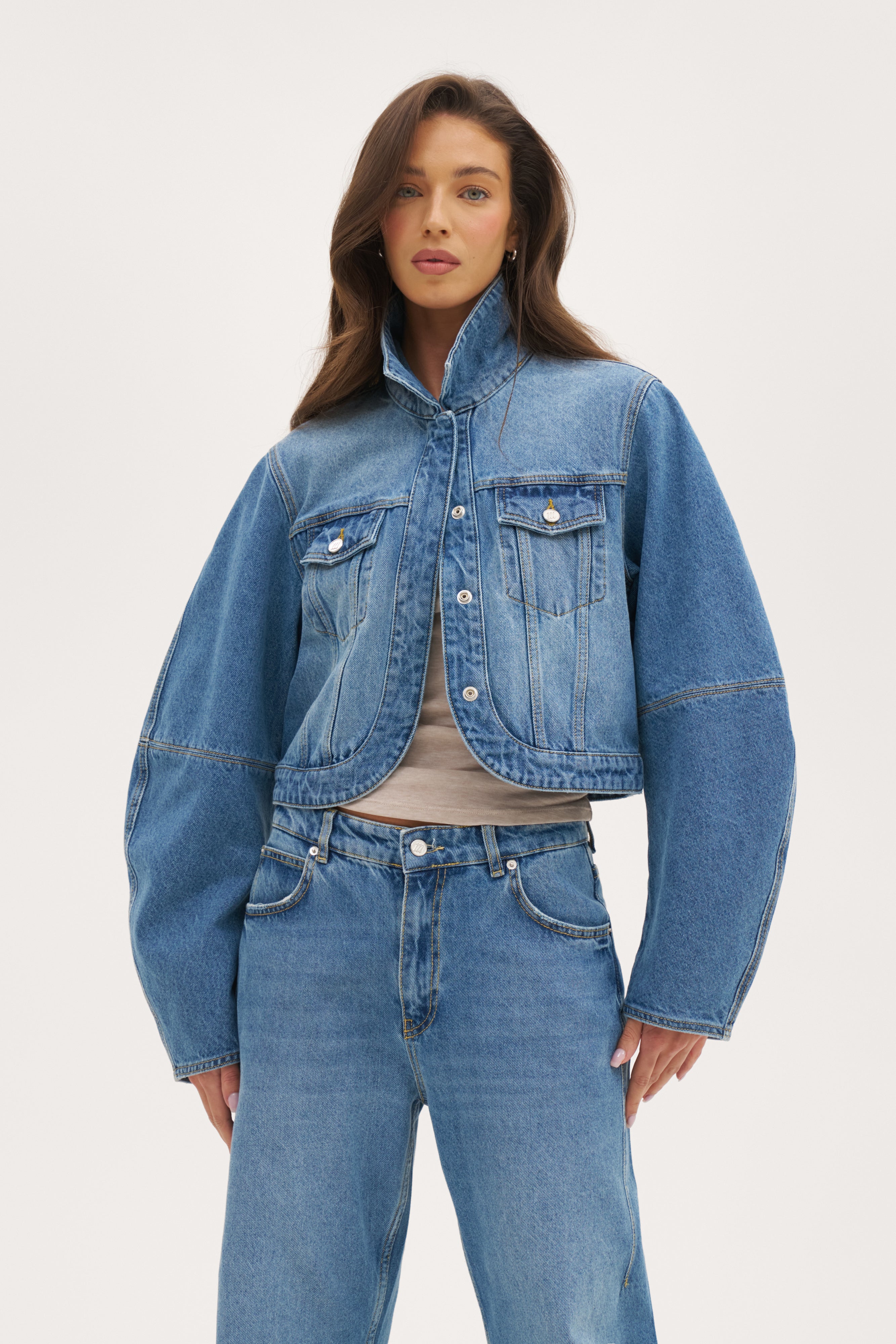 Barrel Sleeve Denim Jacket - Mid Blue