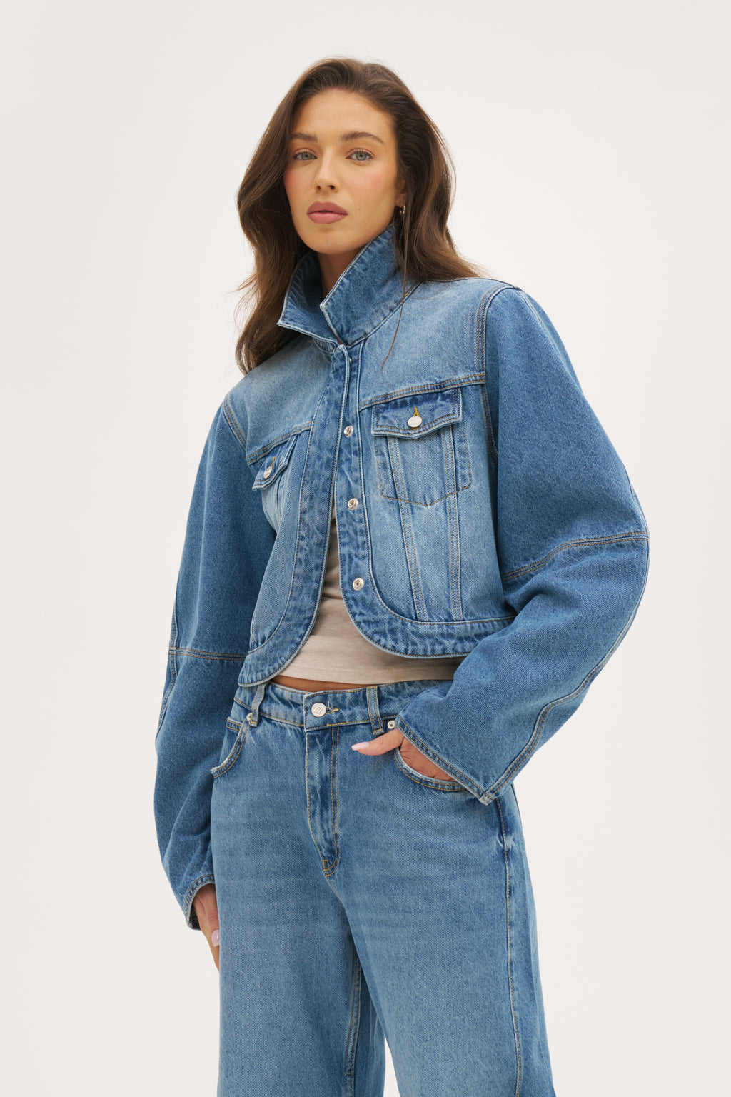 Barrel Sleeve Denim Jacket - Mid Blue