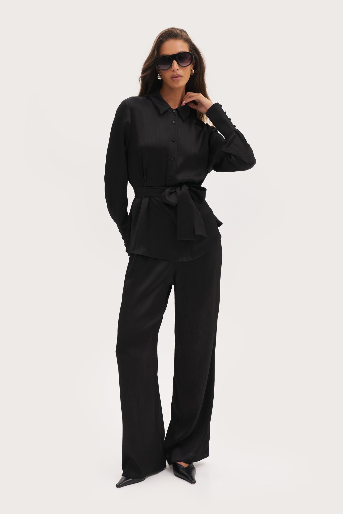 Vacation Mini Pleat Shirt with Scarf - Black