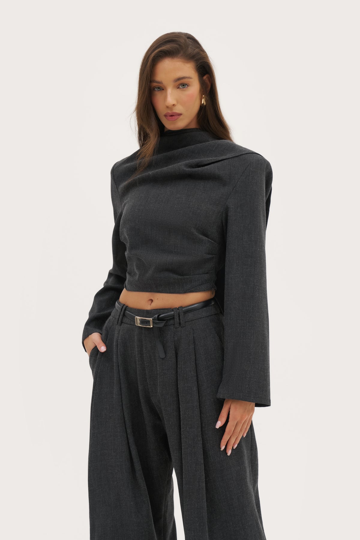 Draped Scarf Top Dark Grey