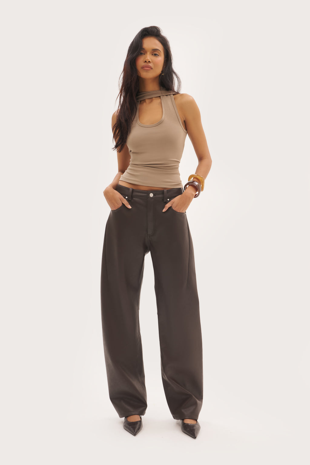 Barrel Leather-Effect Trousers - Brown