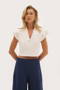 Cropped Knitted Wide Shoulder Top - White