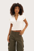Cropped Knitted Wide Shoulder Top - White