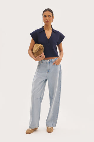 Cropped Knitted Wide Shoulder Top - Navy