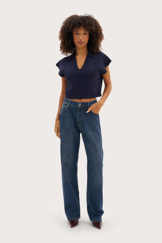 Cropped Knitted Wide Shoulder Top - Navy