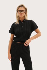 Fine Knit Pointelle Polo - Black