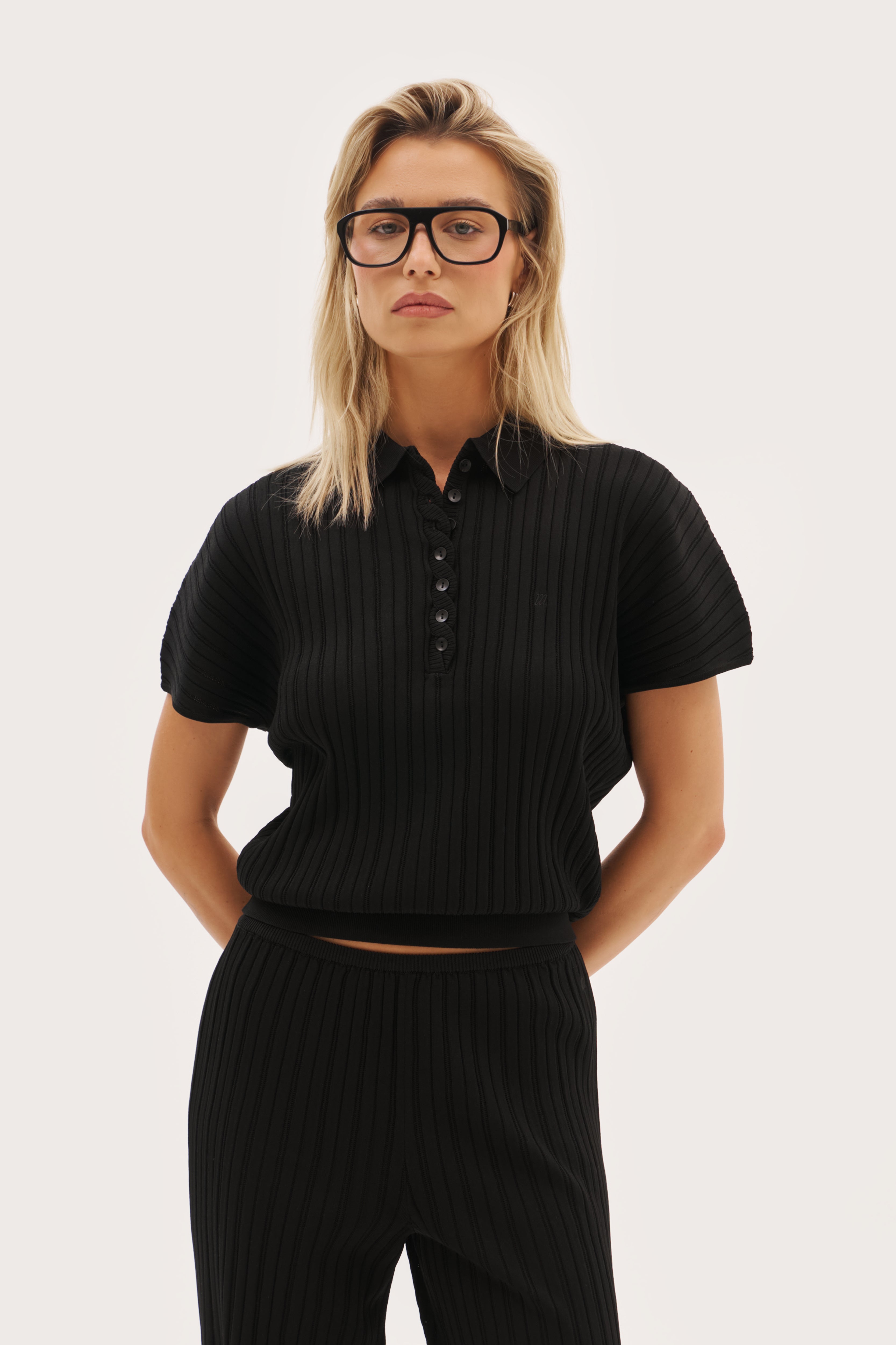 Fine Knit Pointelle Polo - Black
