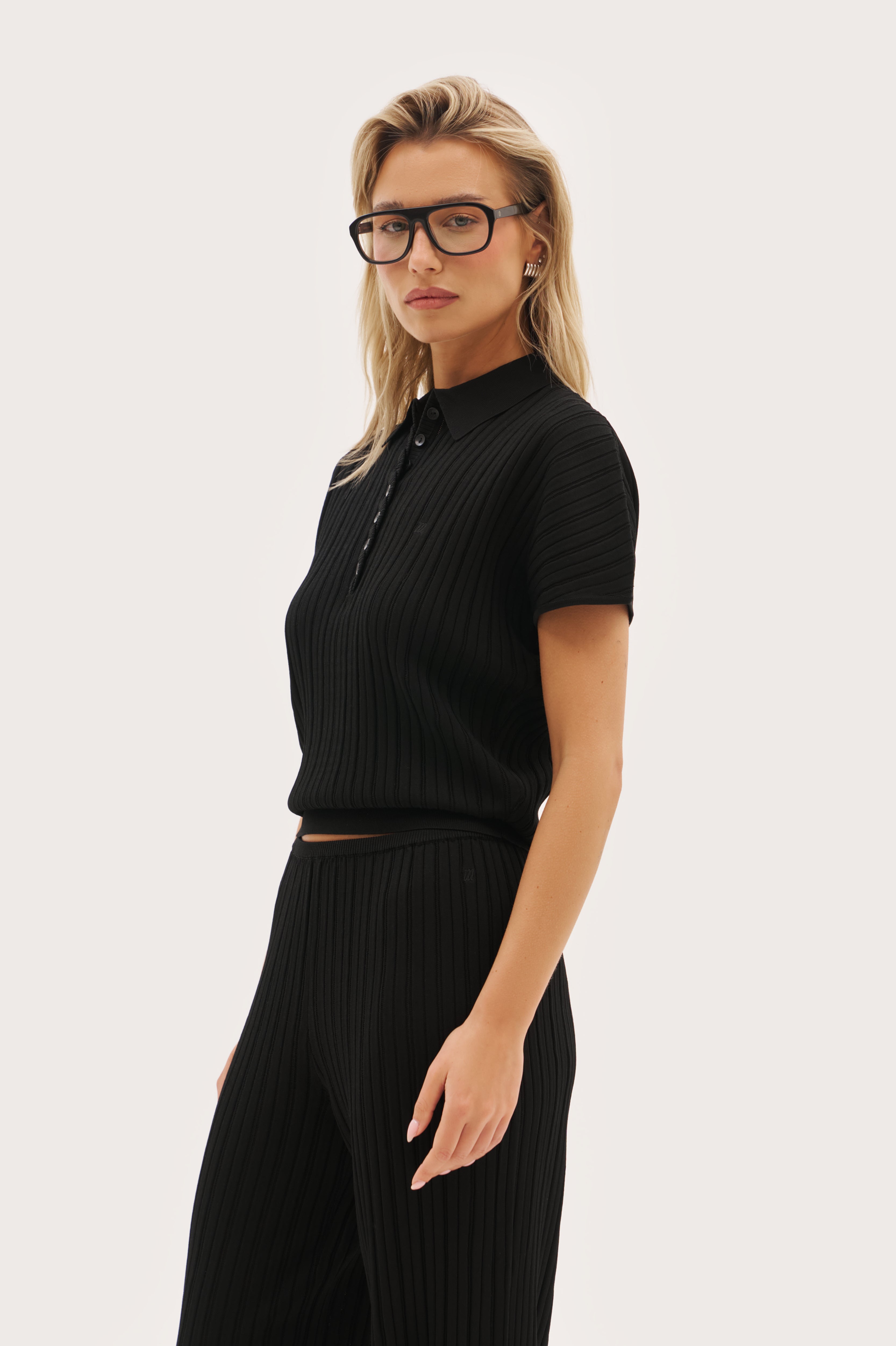 Fine Knit Pointelle Polo - Black