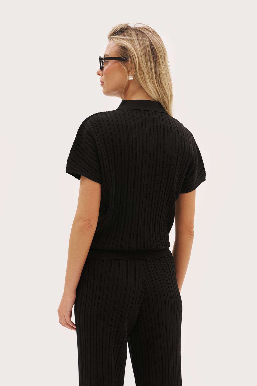 Fine Knit Pointelle Polo - Black