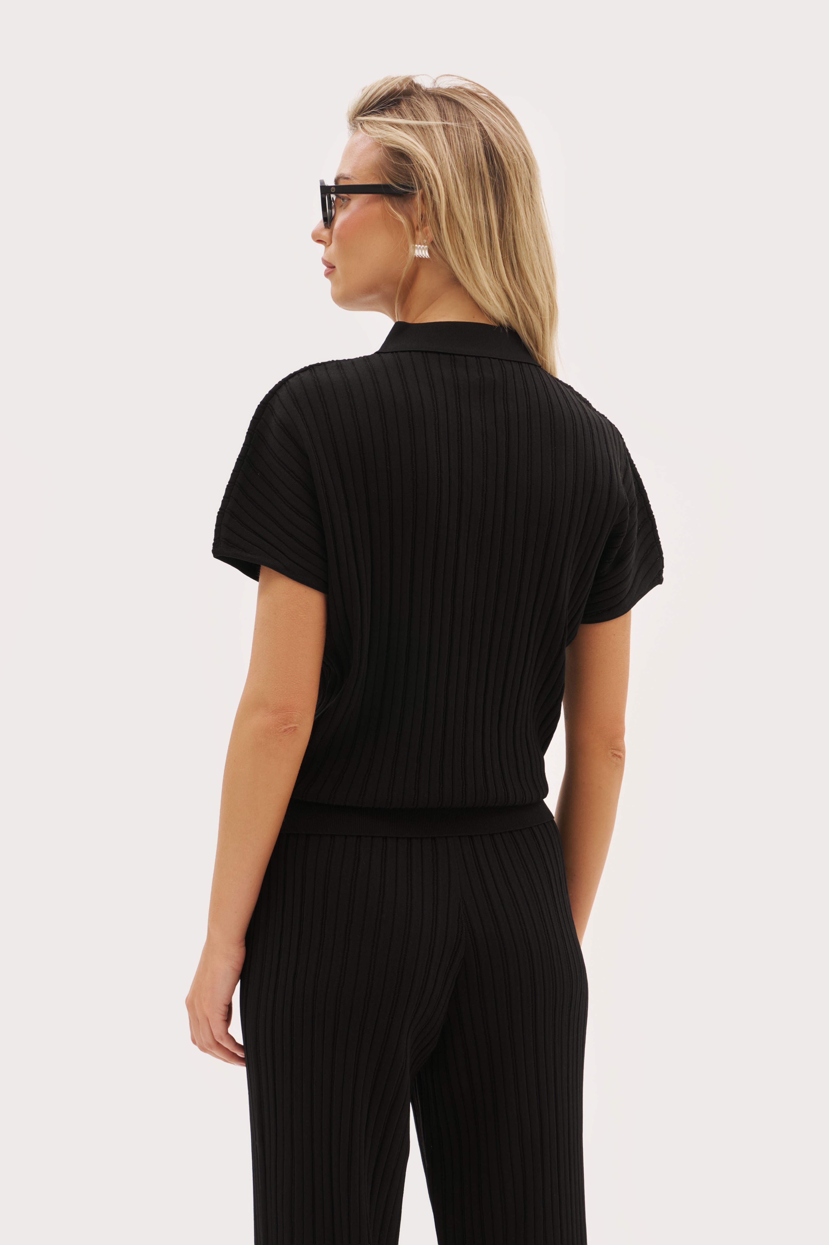 Fine Knit Pointelle Polo - Black