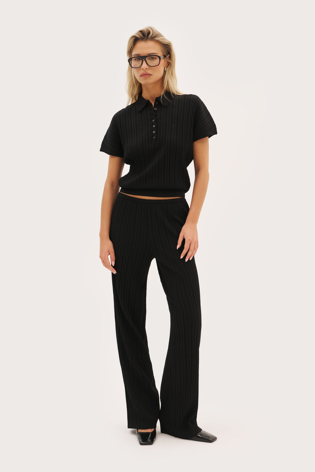 Fine Knit Pointelle Polo - Black