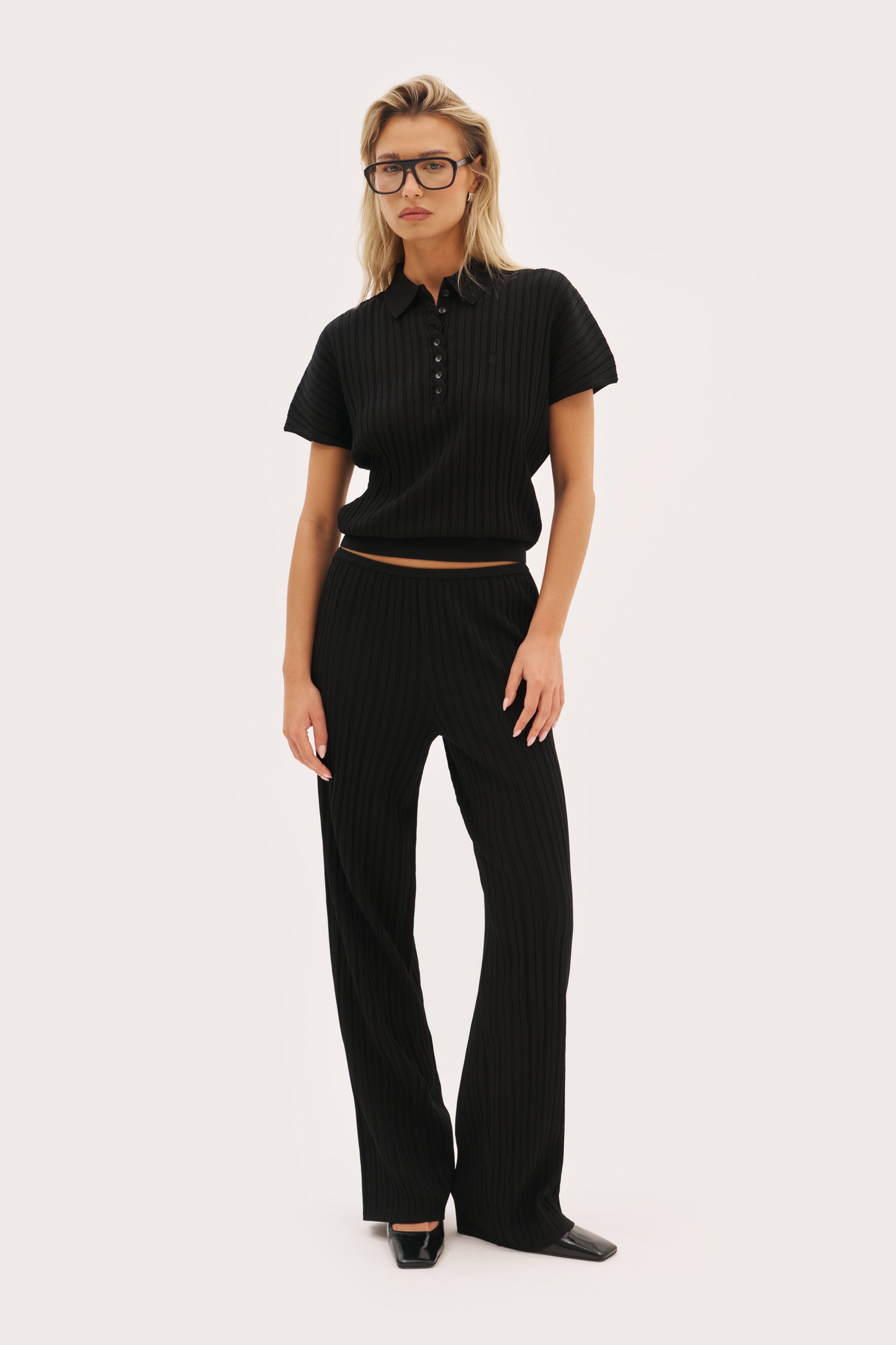 Fine Knit Pointelle Polo - Black