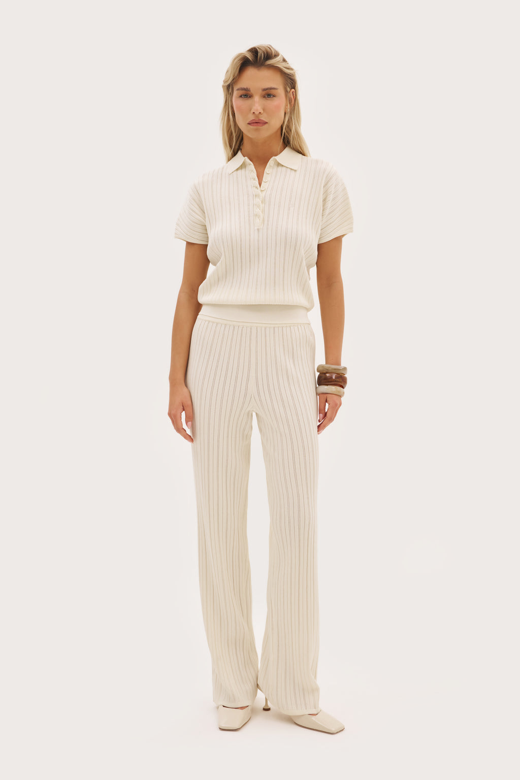 Fine Knit Pointelle Polo - Buttercream