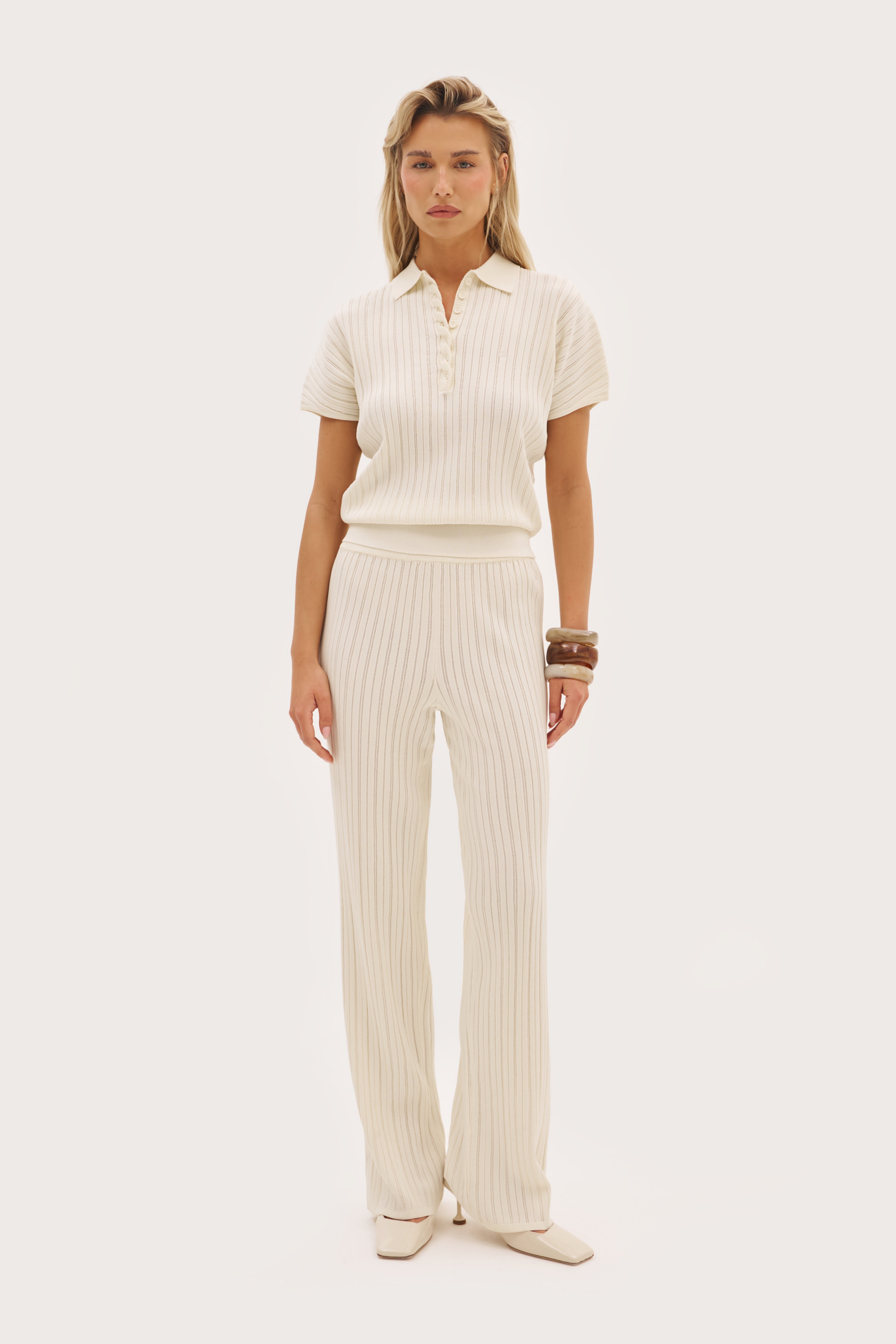 Fine Knit Pointelle Polo - Buttercream