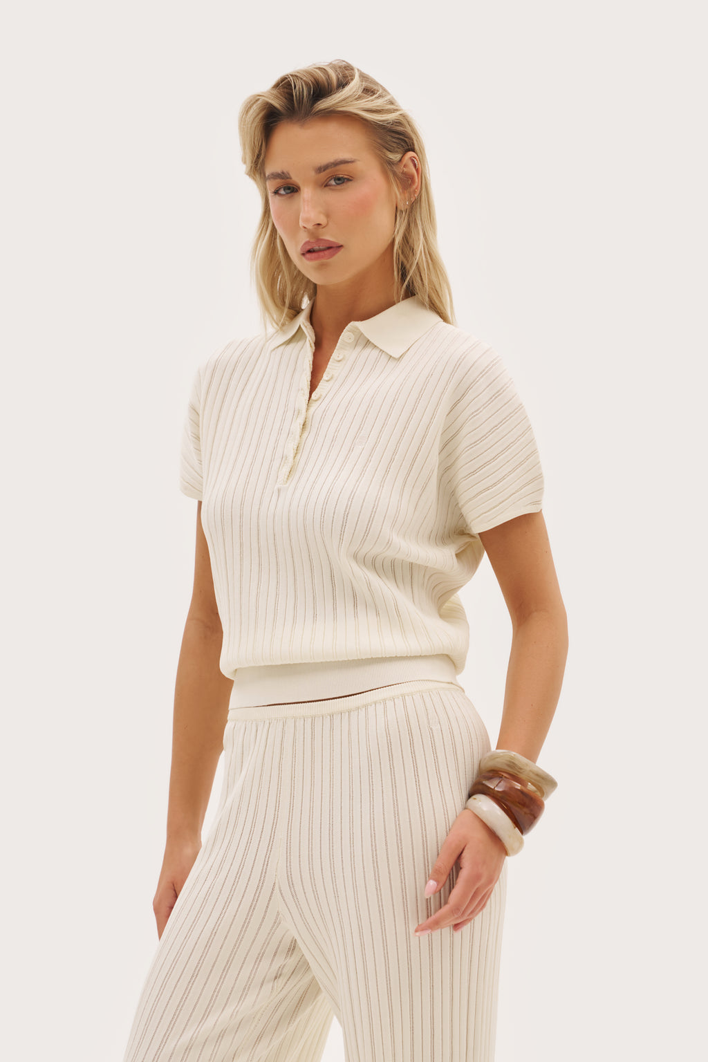 Fine Knit Pointelle Polo - Buttercream
