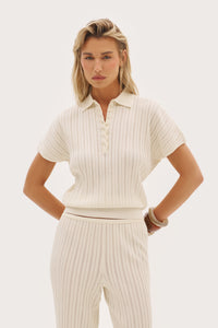 Fine Knit Pointelle Polo - Buttercream