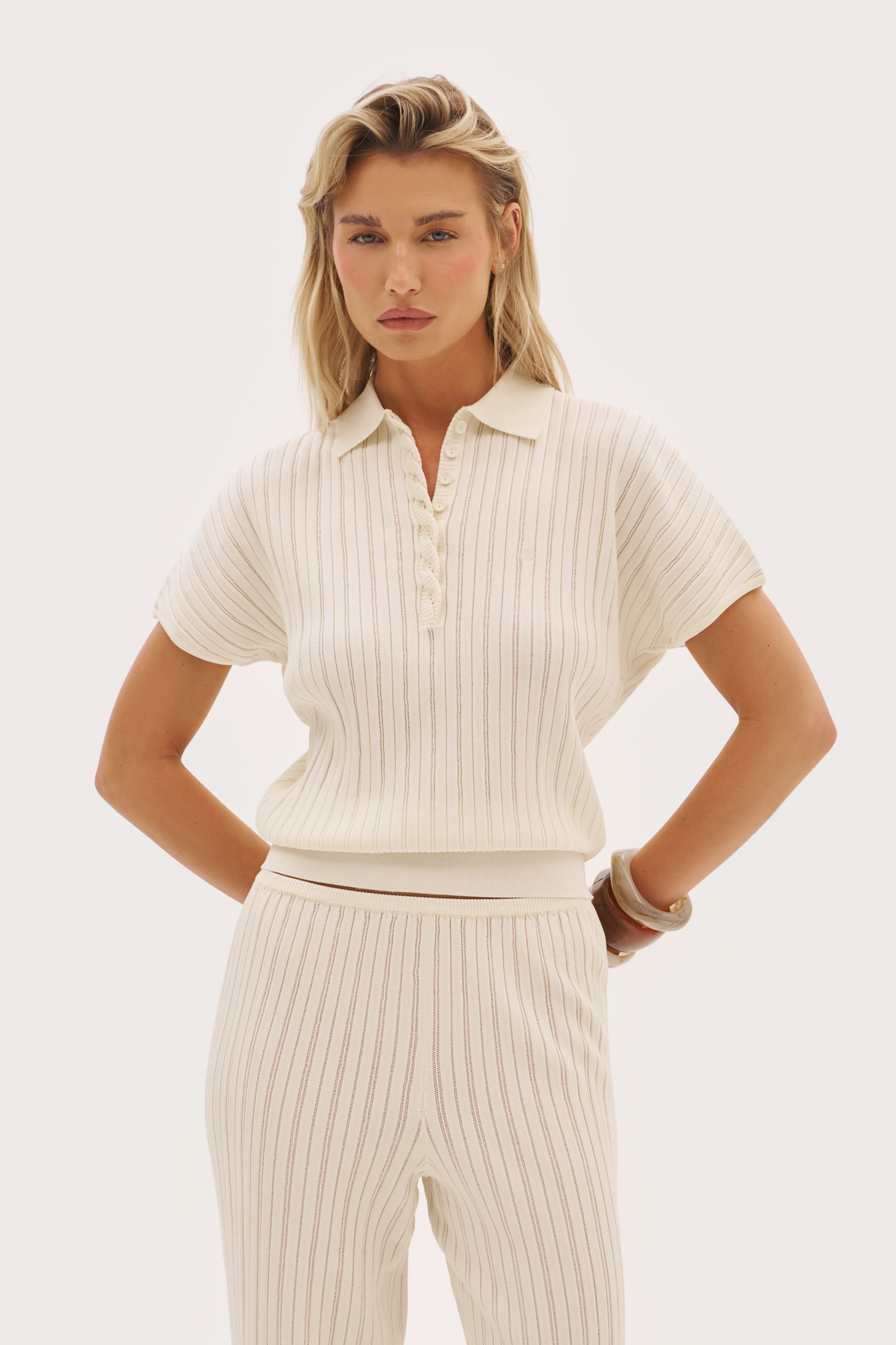Fine Knit Pointelle Polo - Buttercream