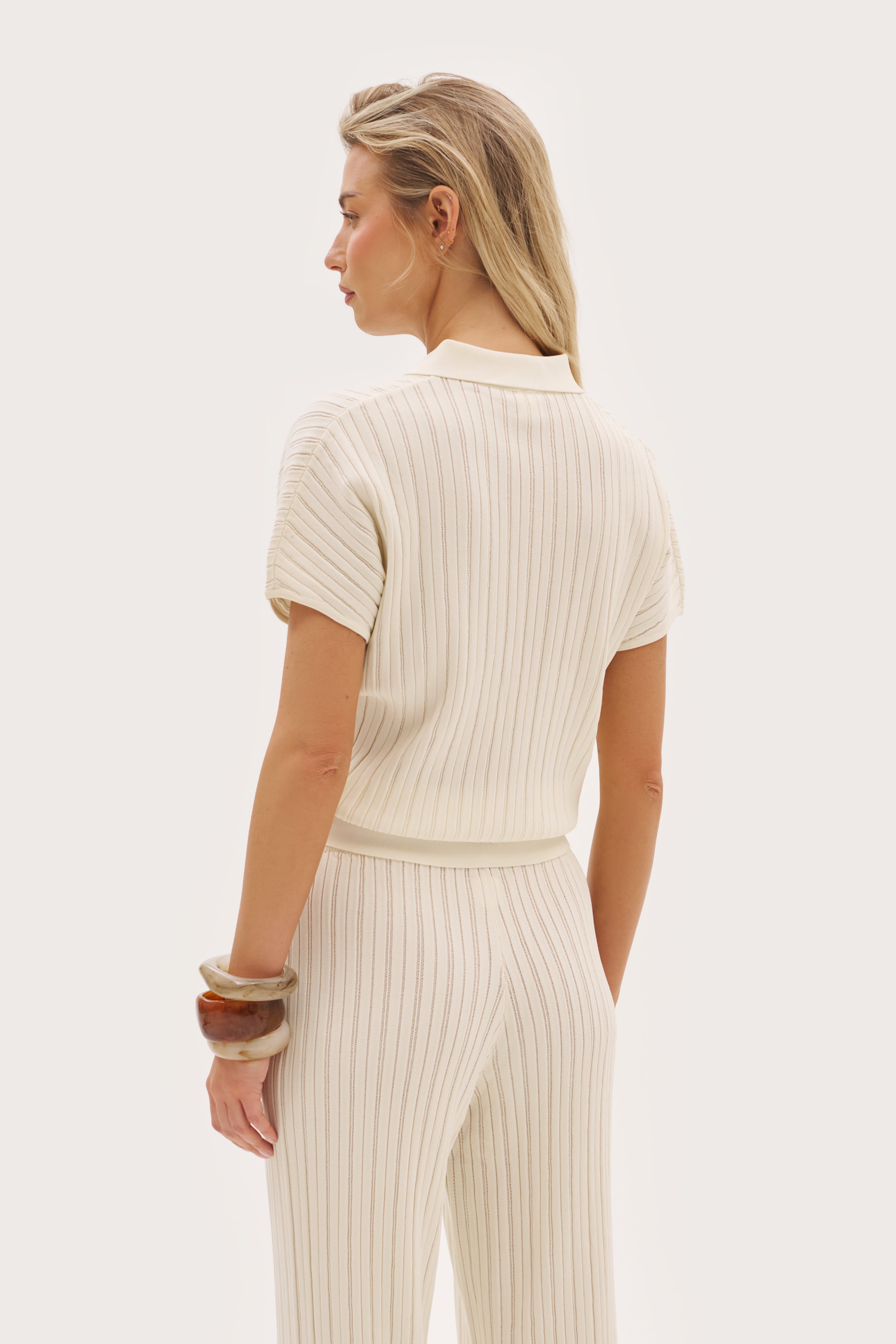 Fine Knit Pointelle Polo - Buttercream