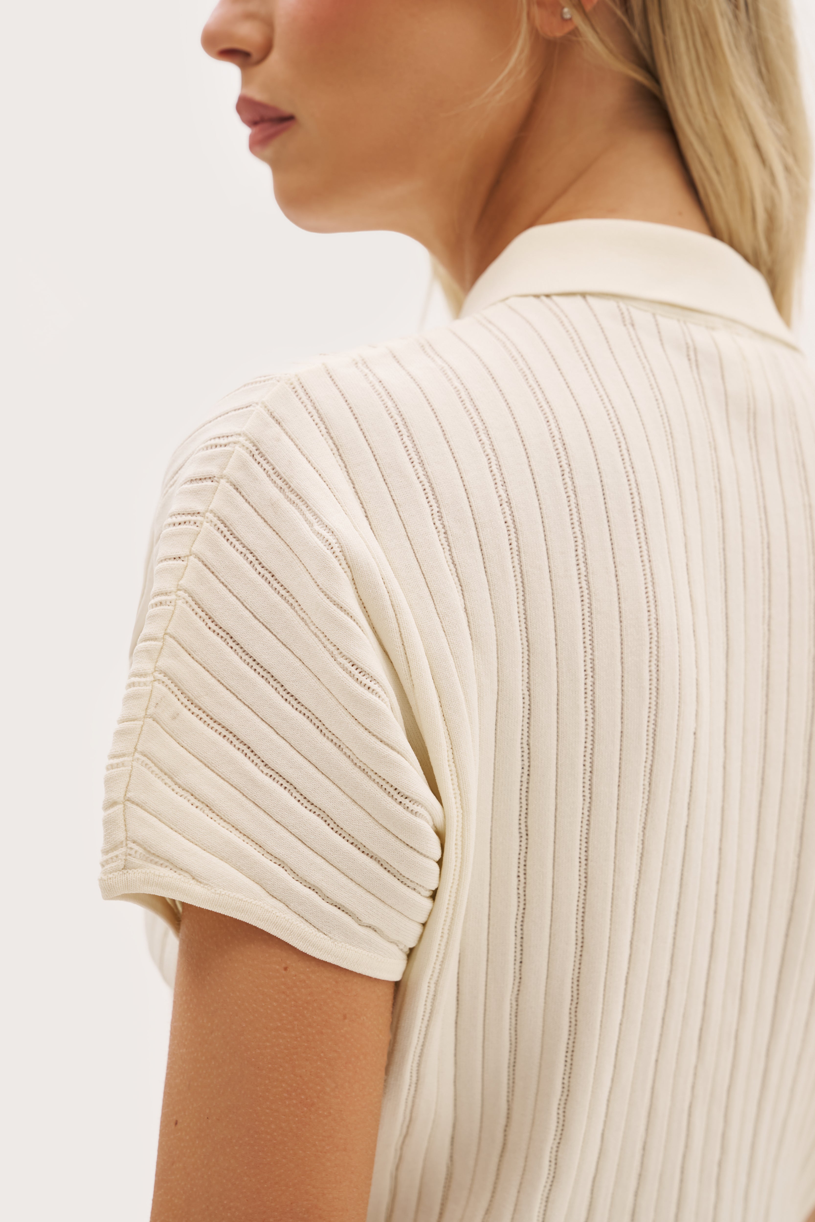 Fine Knit Pointelle Polo - Buttercream