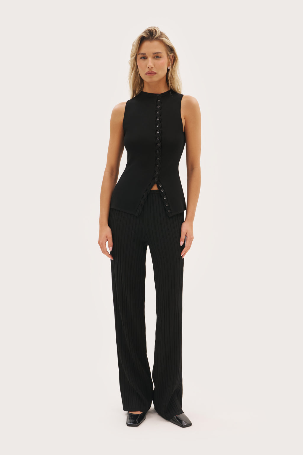 Fine Knit Braided Top - Black