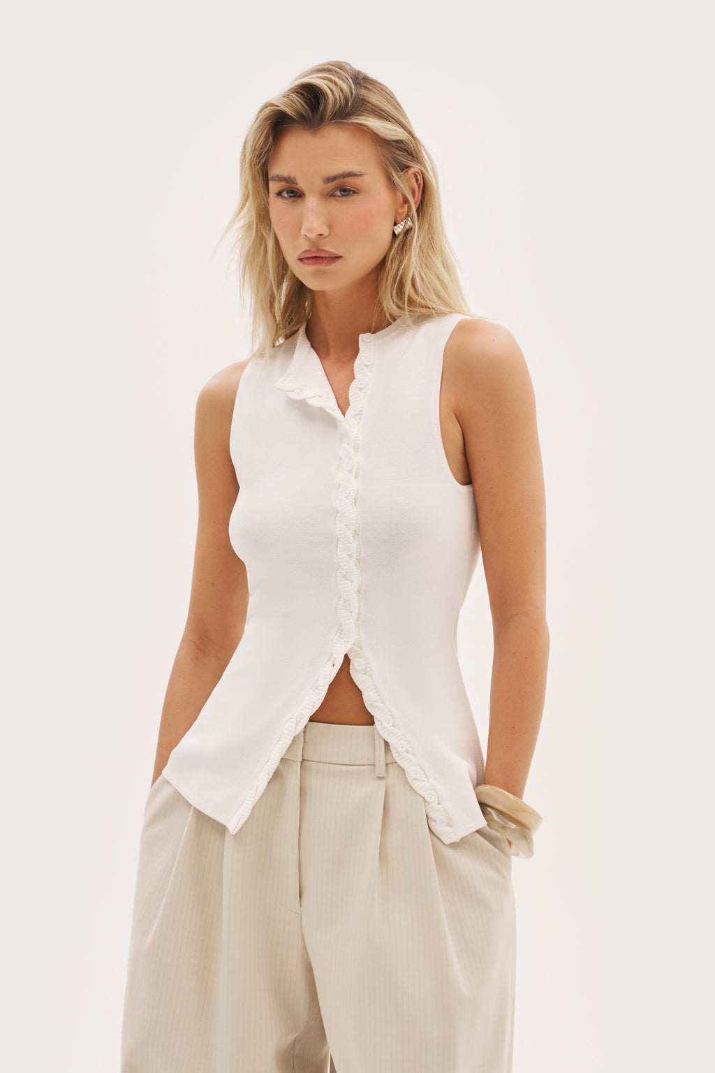 Fine Knit Braided Top - White