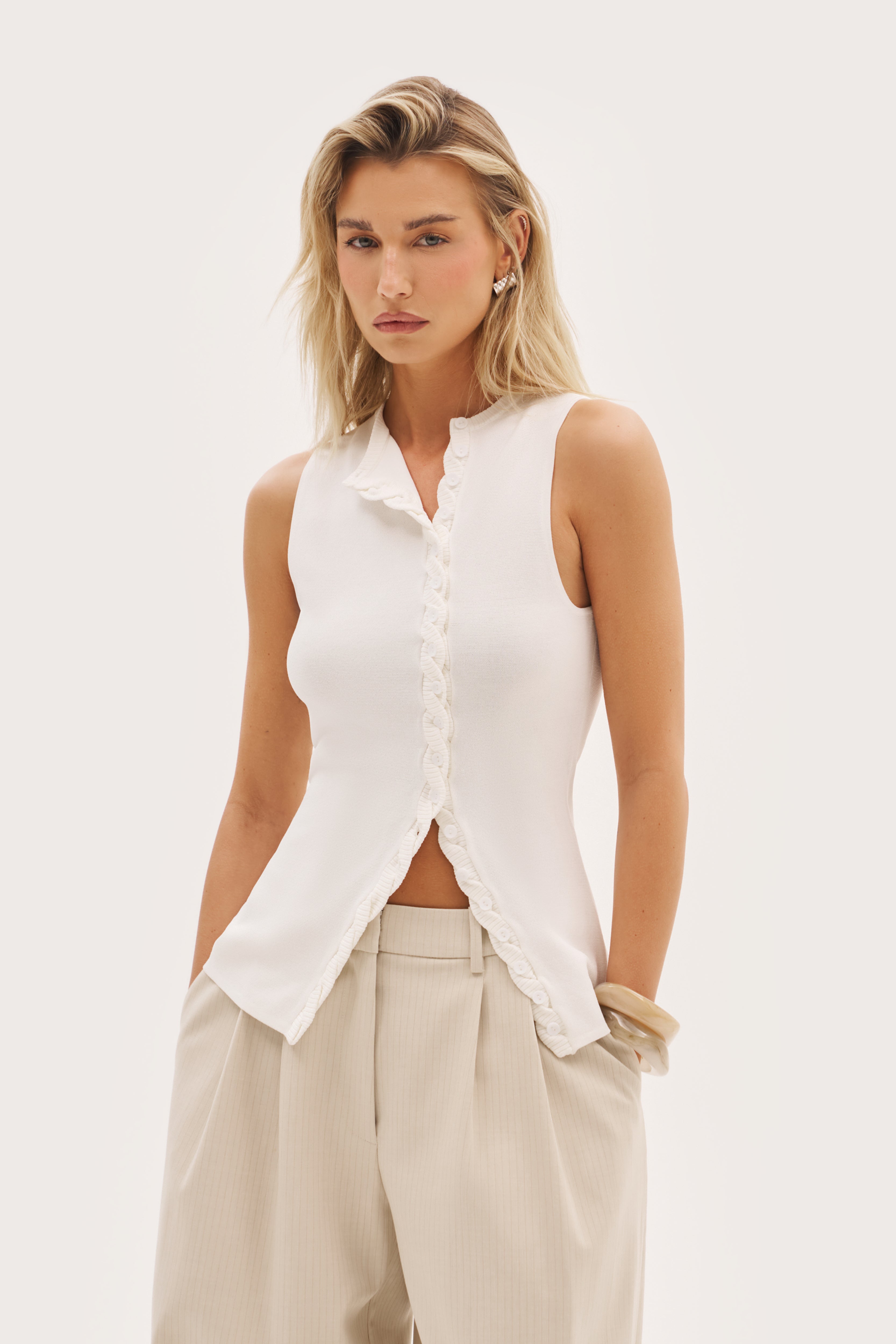 Fine Knit Braided Top - White