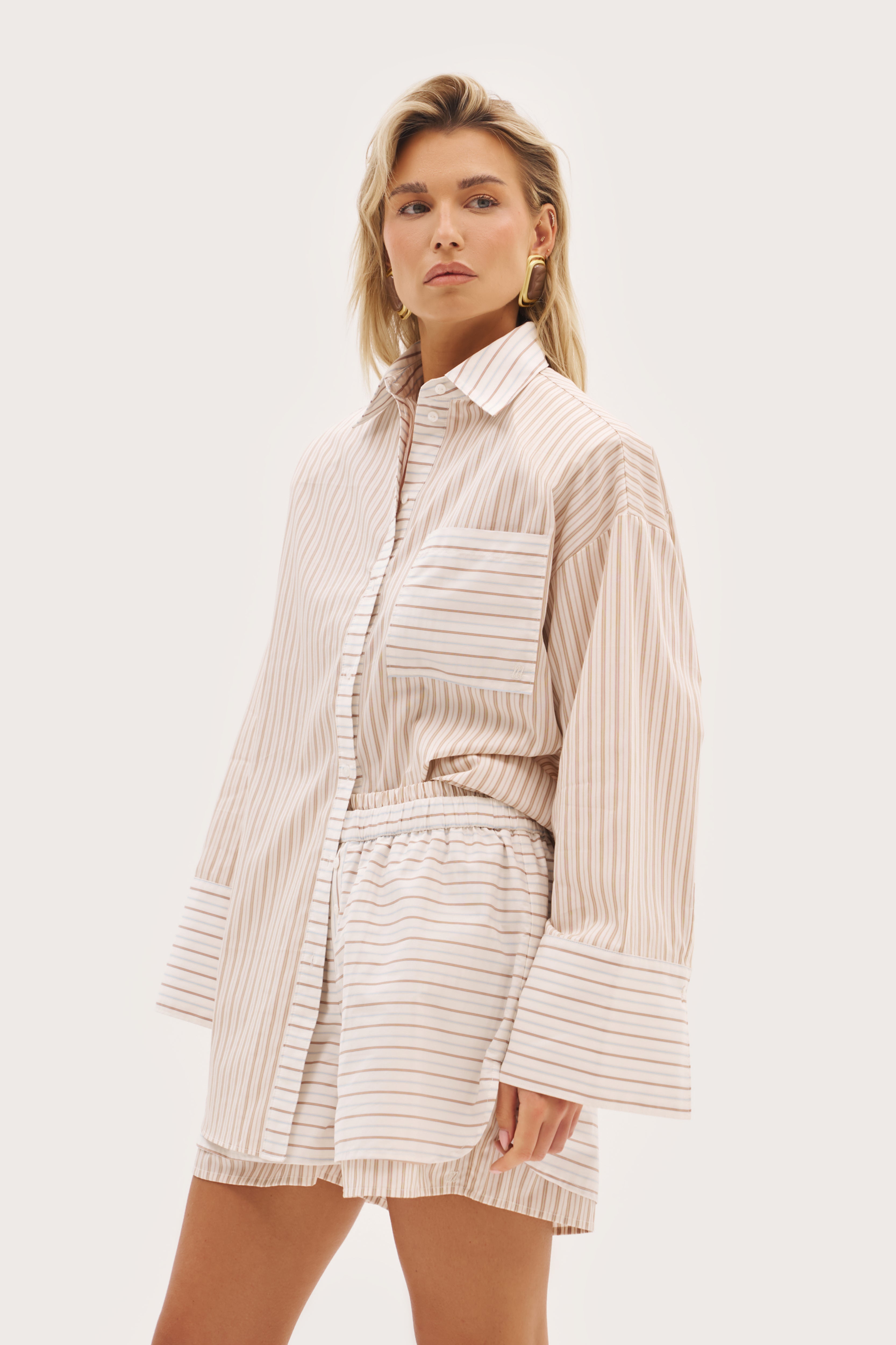 St Tropez Pinstripe Oversized Shirt - Beige