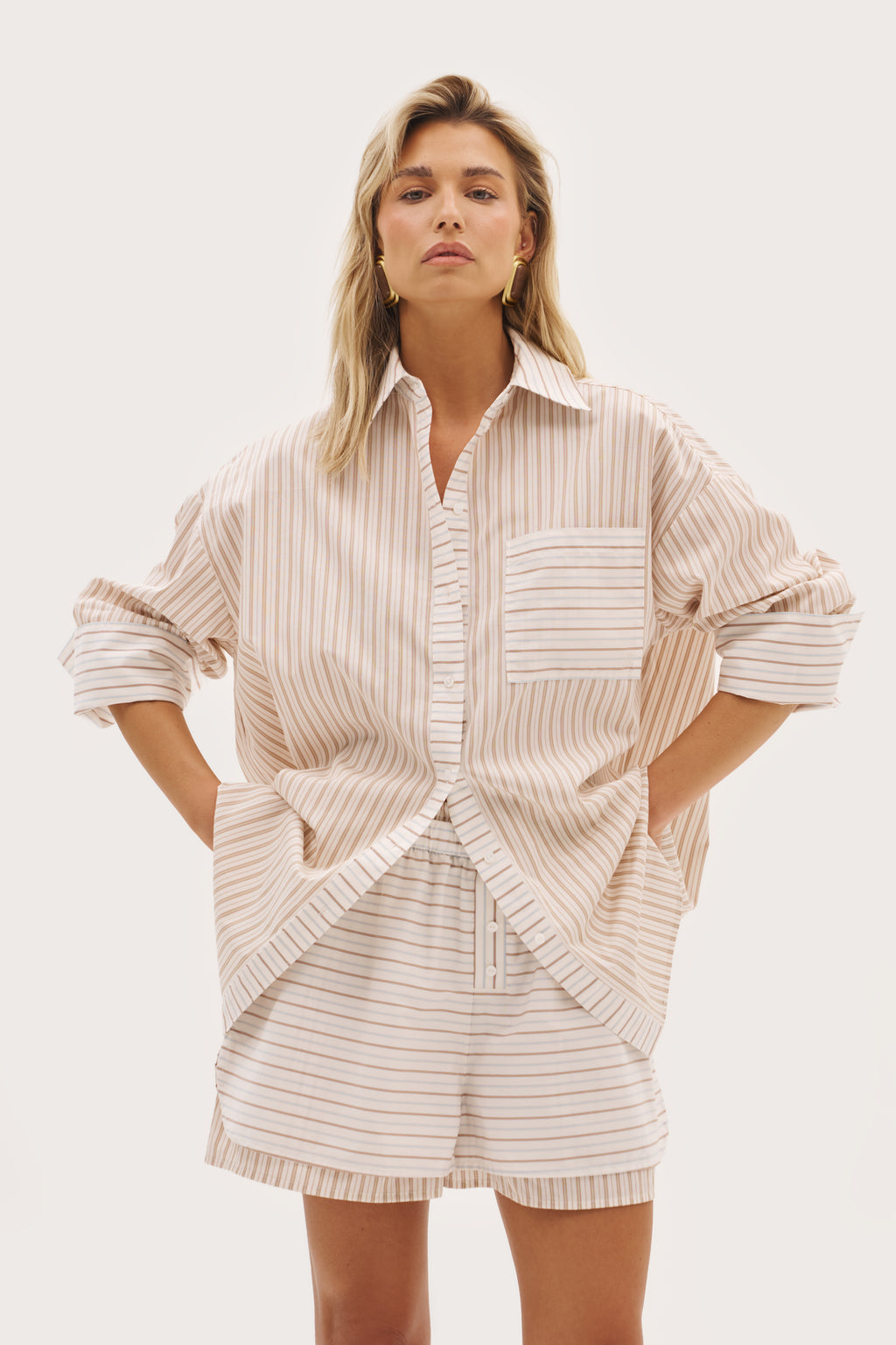 St Tropez Pinstripe Oversized Shirt - Beige