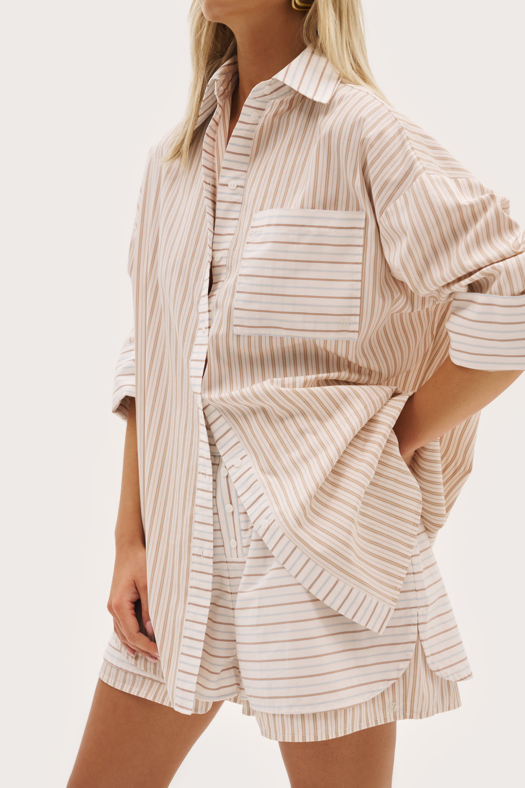 St Tropez Pinstripe Oversized Shirt - Beige