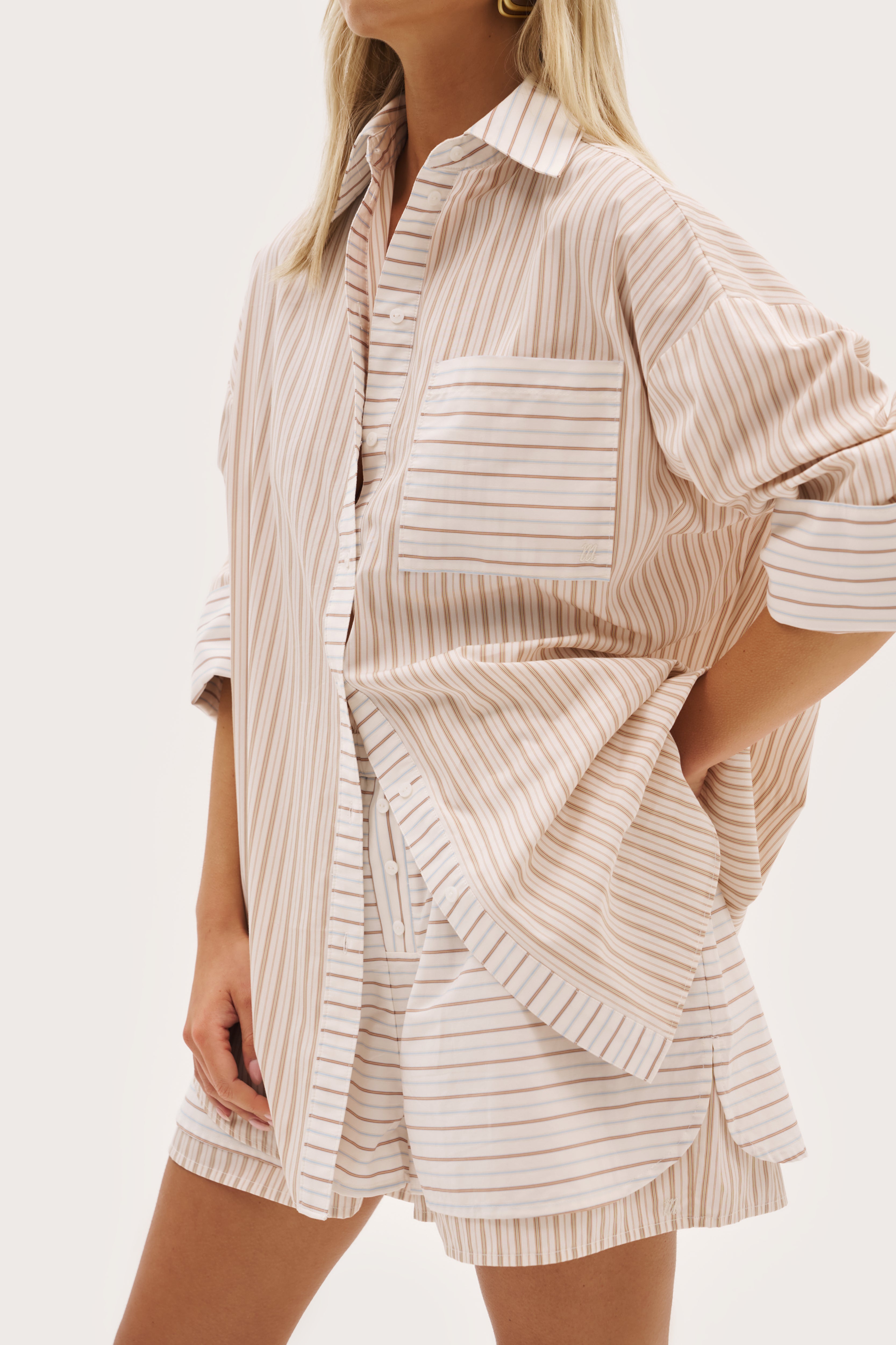 St Tropez Pinstripe Oversized Shirt - Beige