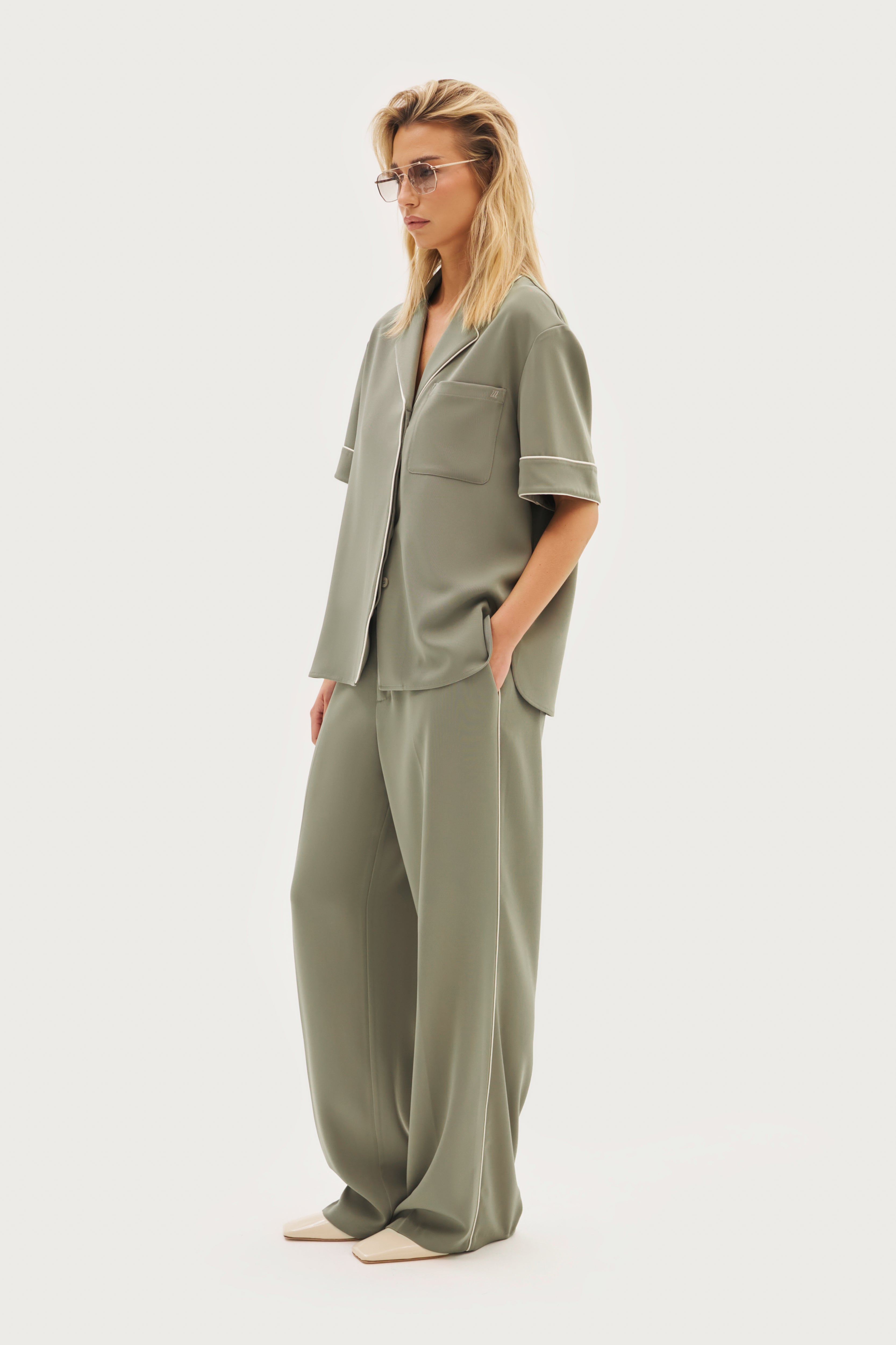 Piped Tailored Trousers - Khaki Moss